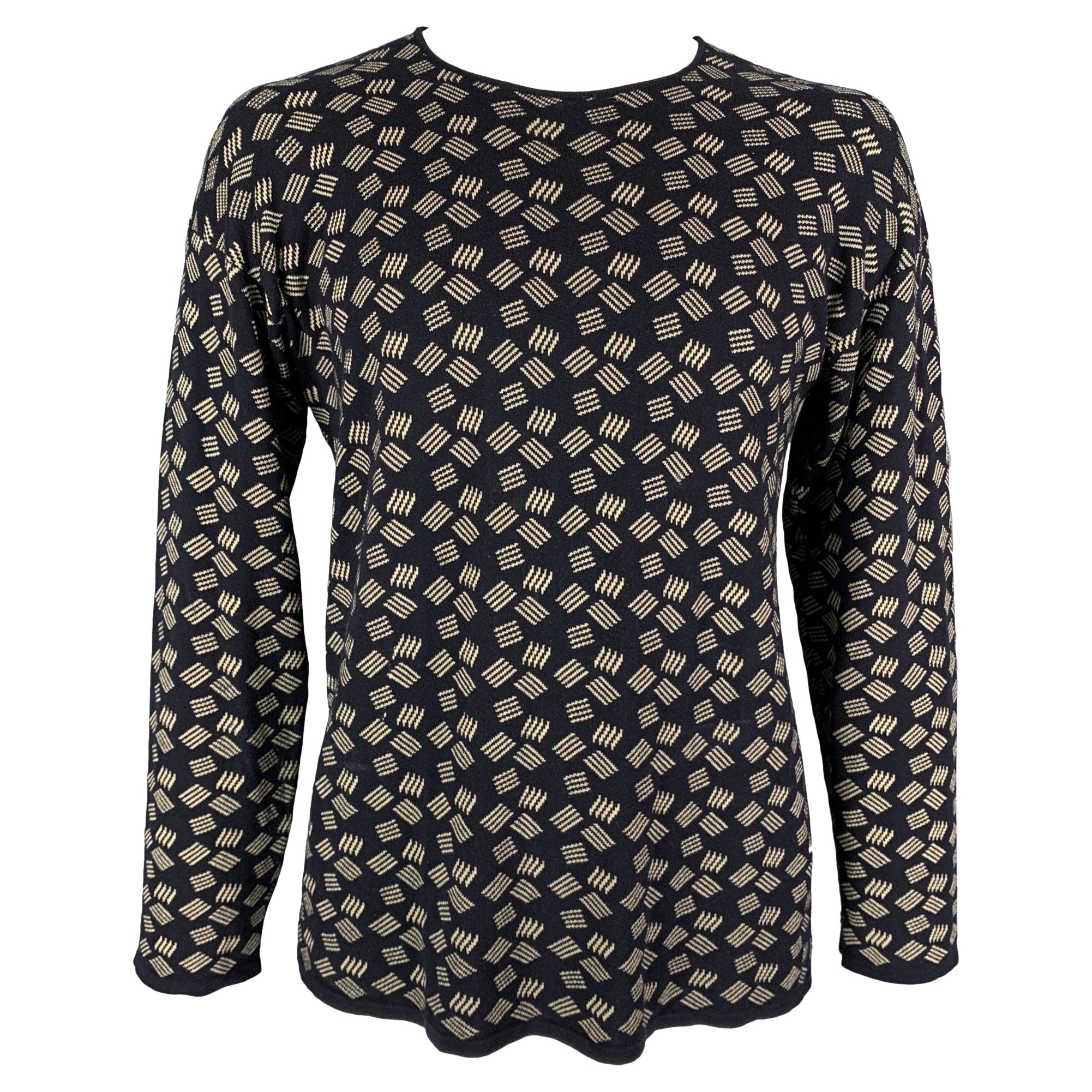 ARMANI COLLEZIONI Size L Navy Ivory Knit Cotton Blend Crew Neck Pullover For Sale
