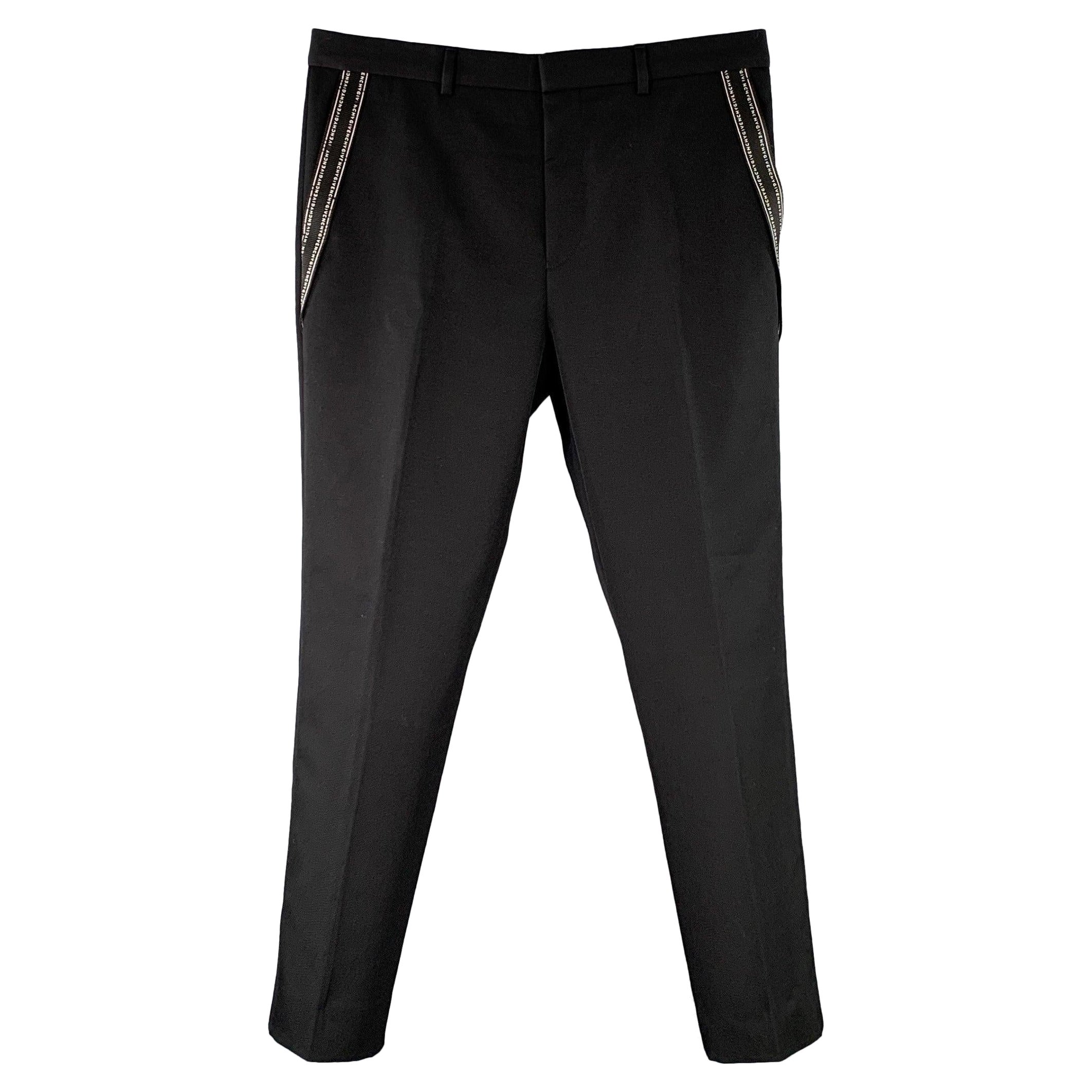GIVENCHY Size 36 Black White Twill Polyester Wool Flat Front Dress Pants For Sale