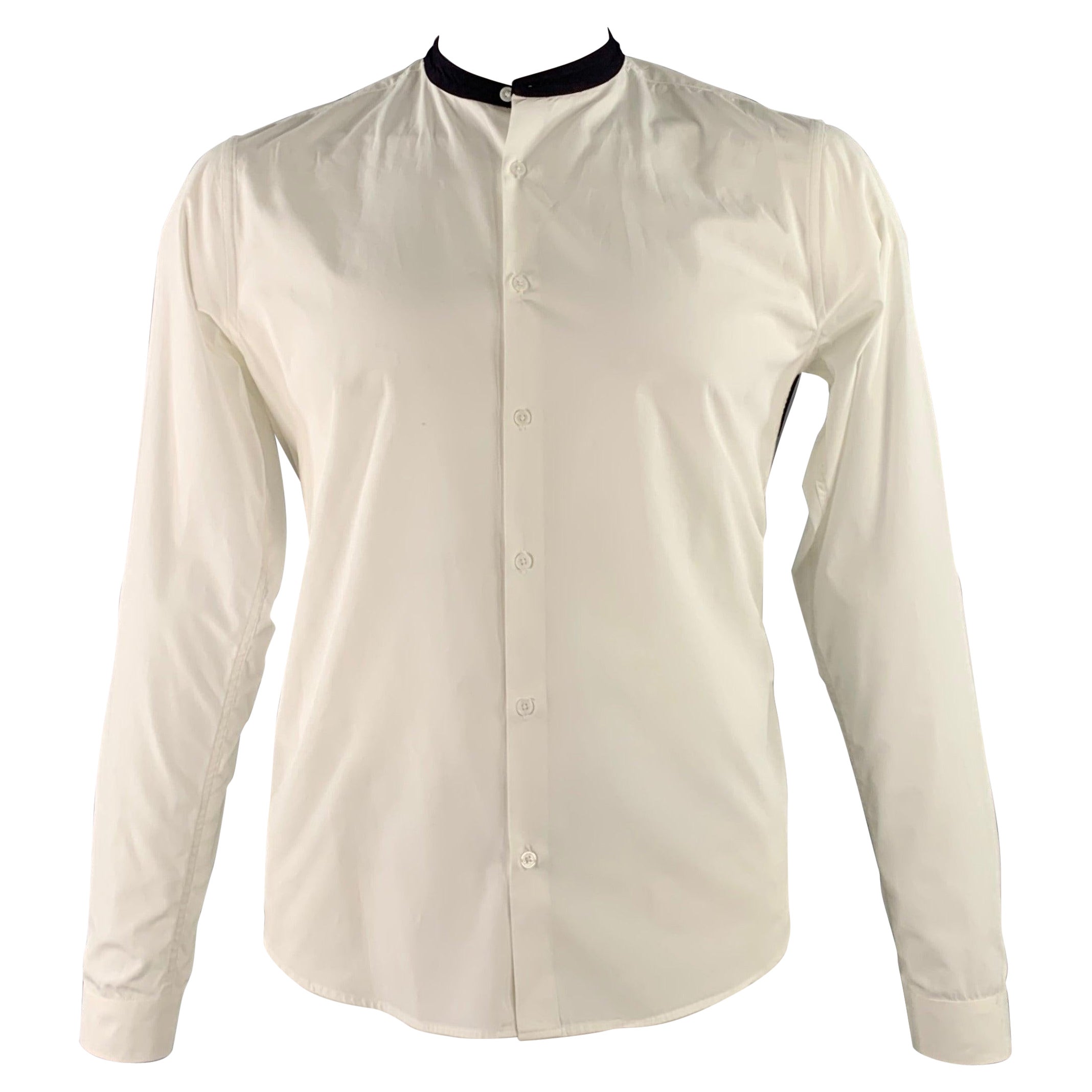 SANDRO Size L White Black Cotton Collarless Contrast Trim Long Sleeve Shirt For Sale