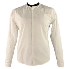 SANDRO Size L White Black Cotton Collarless Contrast Trim Long Sleeve Shirt