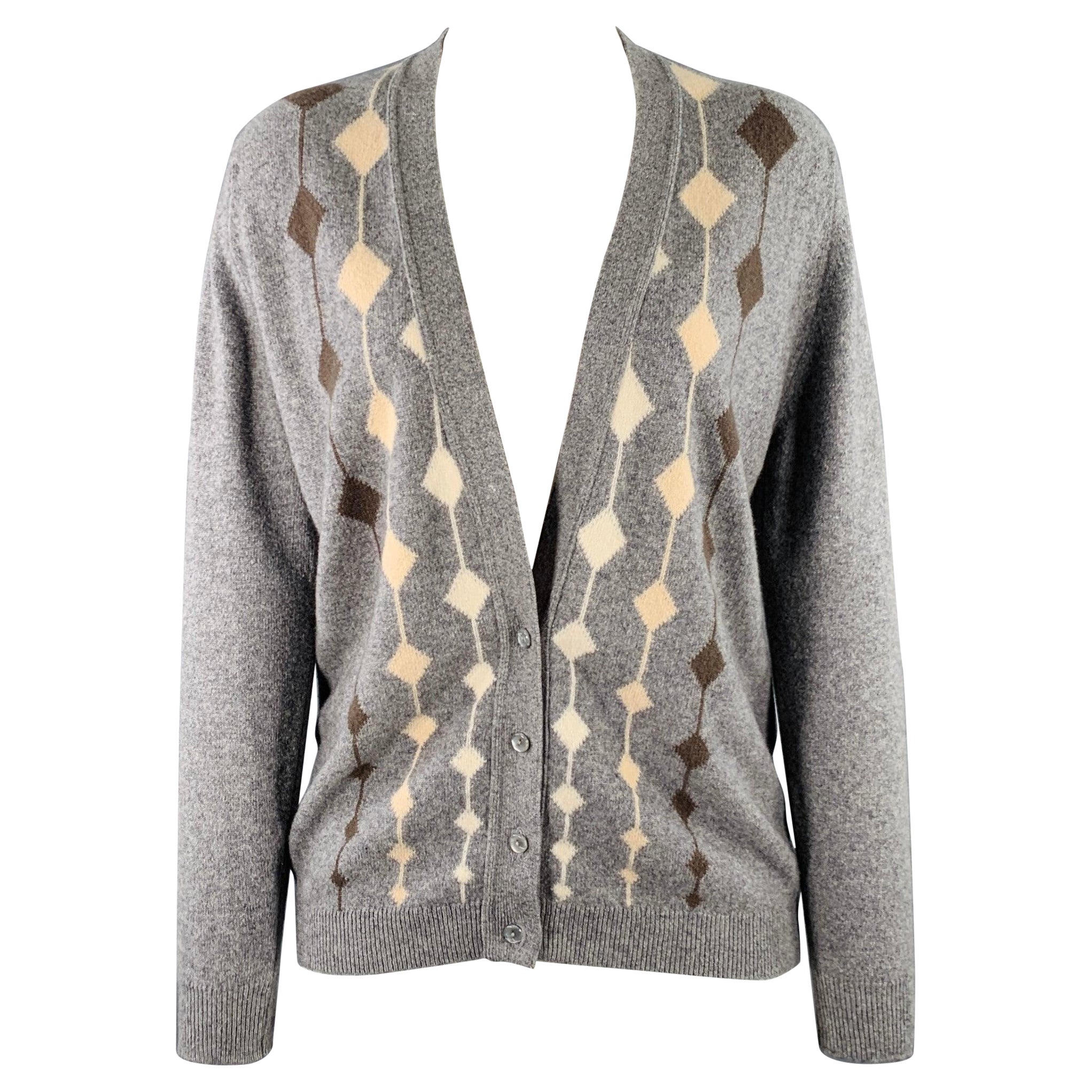 JAEGER Size M Grey Cream Cashmere Diamond V-Neck Cardigan For Sale