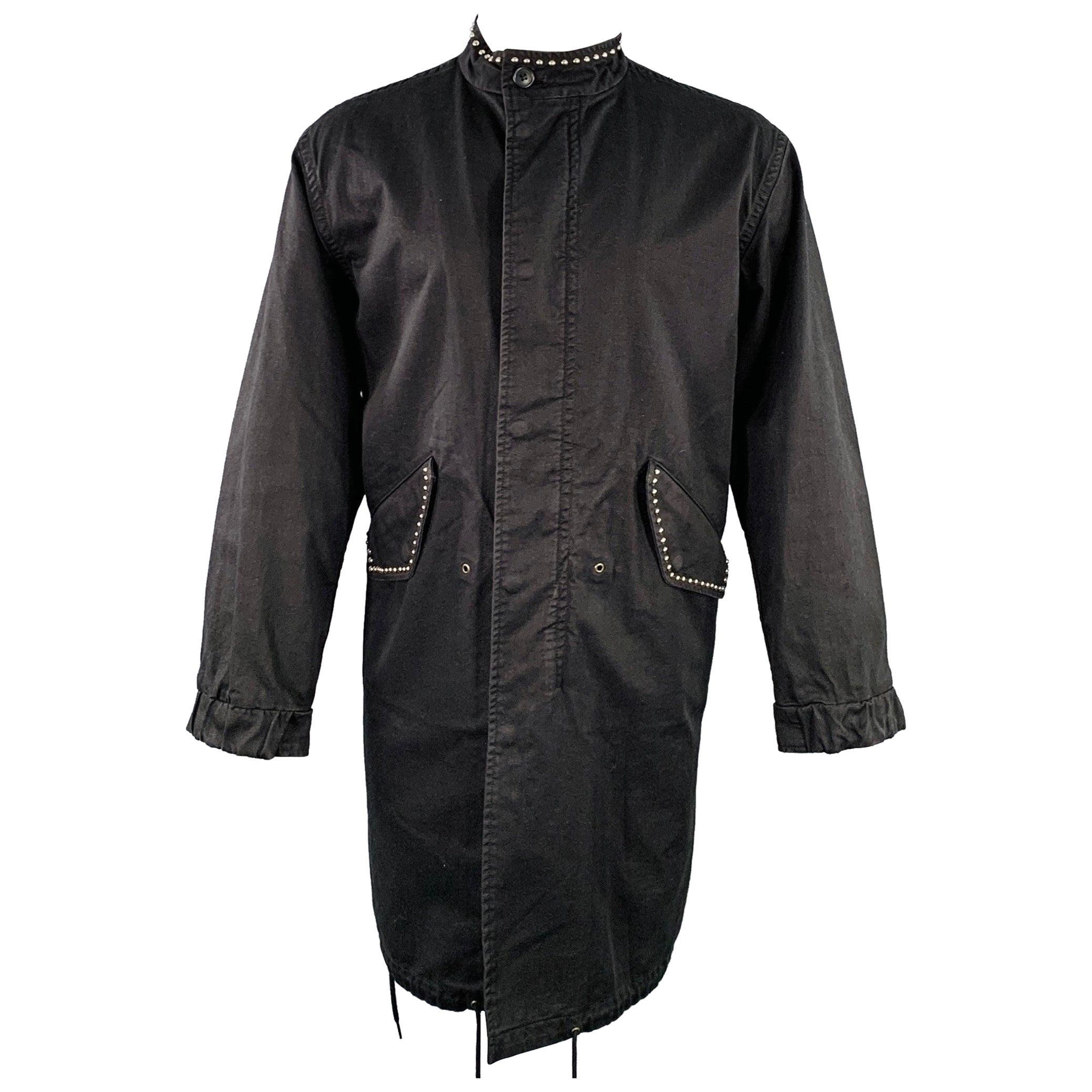 SAINT LAURENT Size 40 Black Studded Cotton Coat For Sale