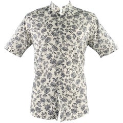 SHANGHAI TANG Taglia L Camicia a manica corta in cotone senza colletto in lino bianco e nero.