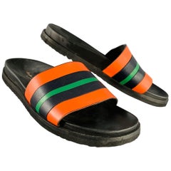 RALPH LAUREN Size 8 Black Orange Green Stripe Leather Slide Sandals