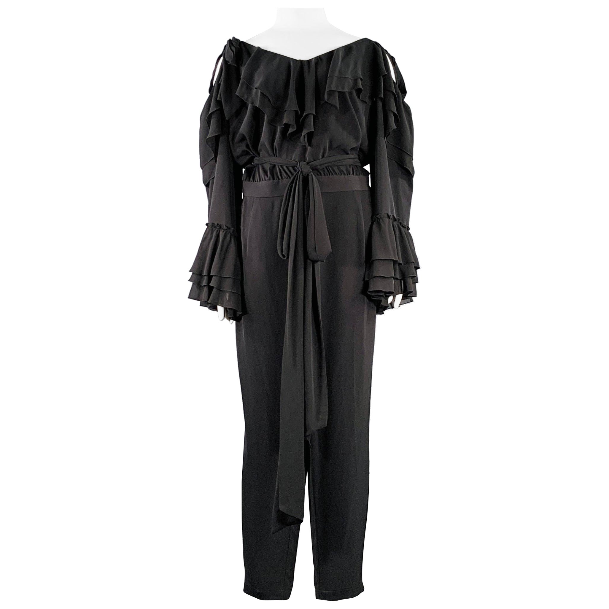 RODARTE Size 22 Black Polyester Blend Ruffled Cold Shoulder Jumpsuit For Sale
