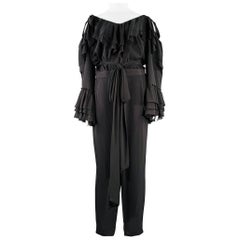 Rodarte Size 22 Black Polyester Blend Ruffled Cold Shoulder Jumpsuit (combinaison à épaules froides à volants)