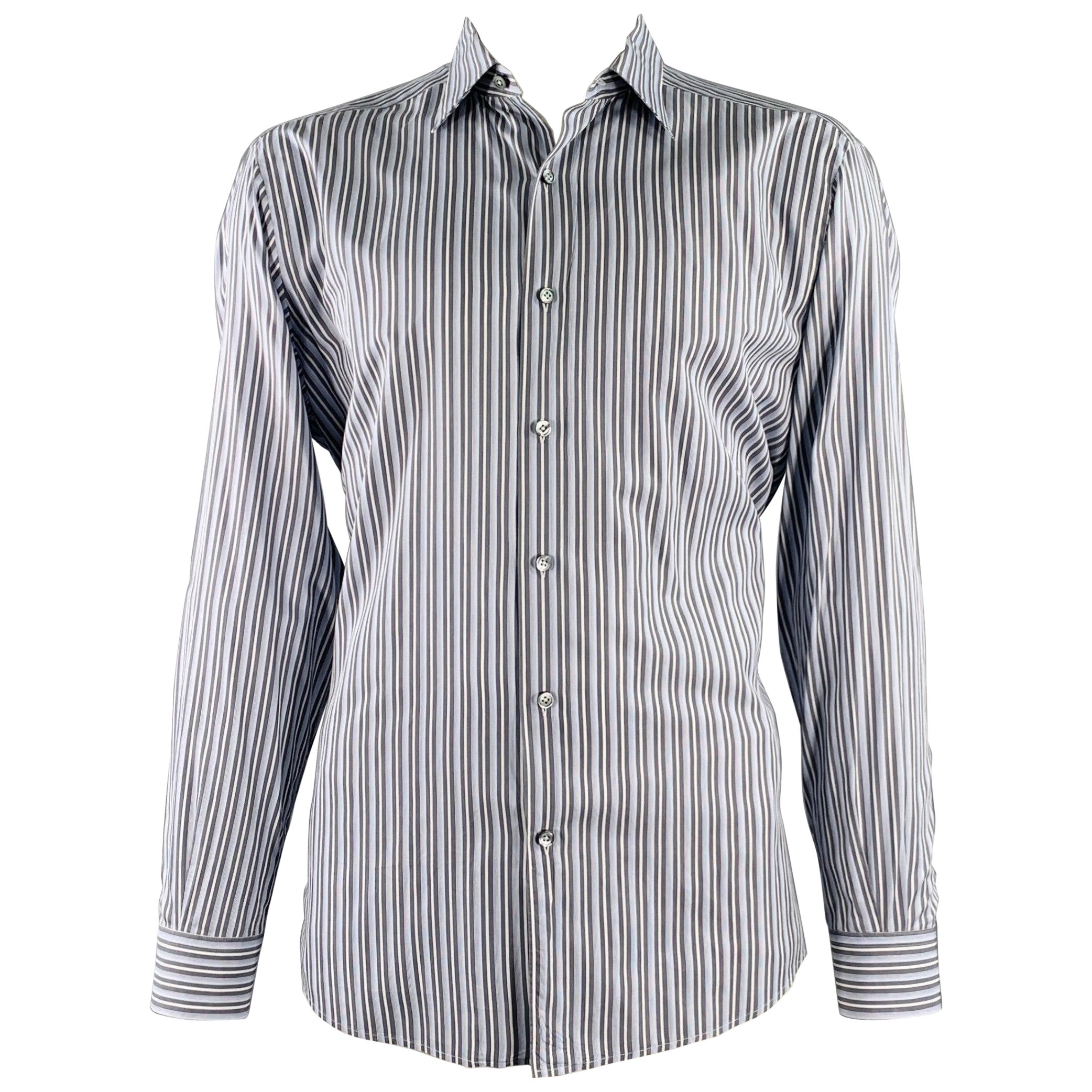 ERMENEGILDO ZEGNA Size XXL Blue Grey Stripe Cotton Long Sleeve Shirt For Sale