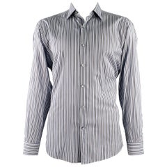 Ermenegildo Zegna Taglia XXL Camicia a maniche lunghe in cotone a righe blu e grigie