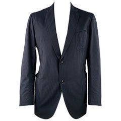 ERMENEGILDO ZEGNA Talla 48 Chaqueta de Seda Seersucker Azul Marino Negro
