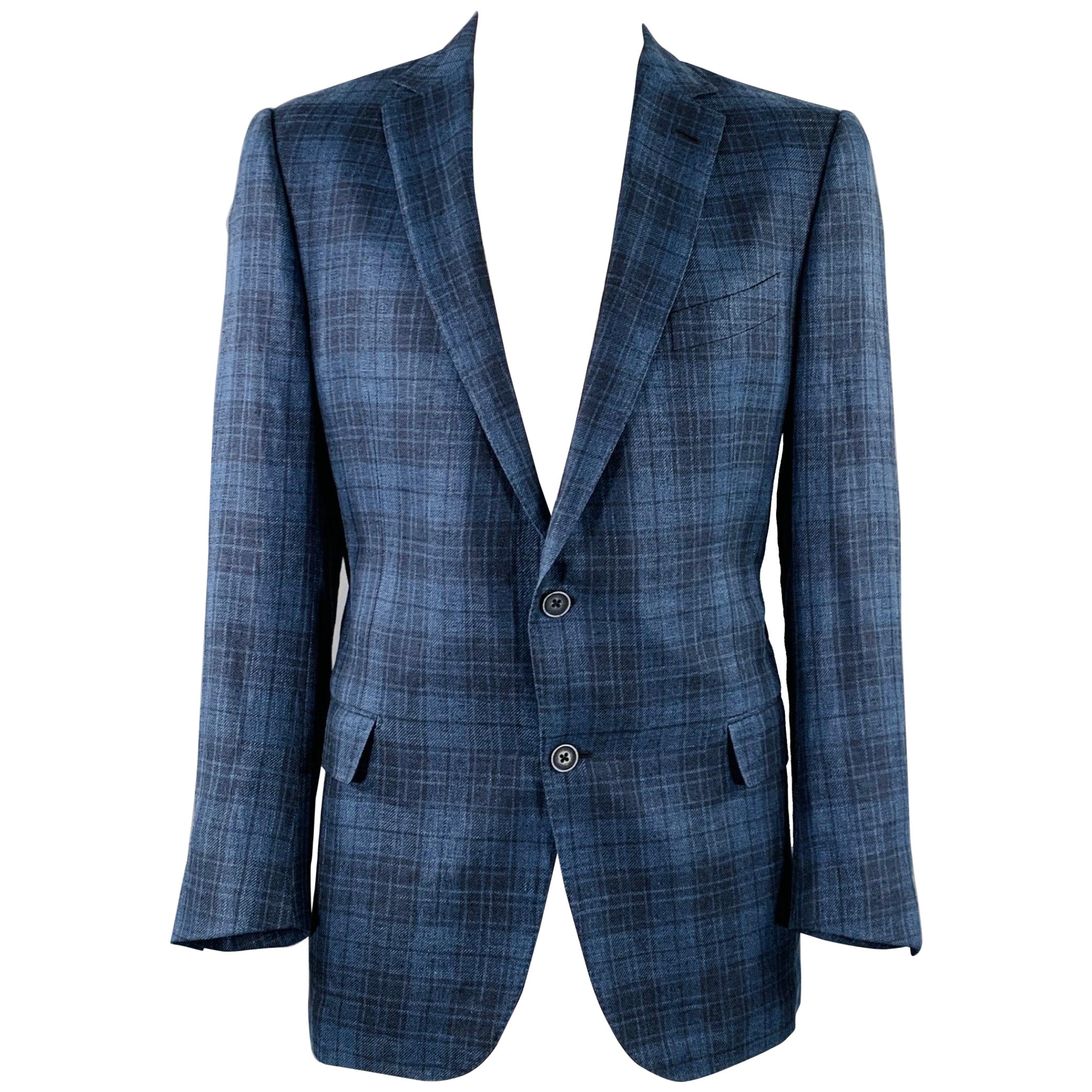 ERMENEGILDO ZEGNA Size 48 Regular Blue Navy Plaid Notch Lapel Sport Coat For Sale