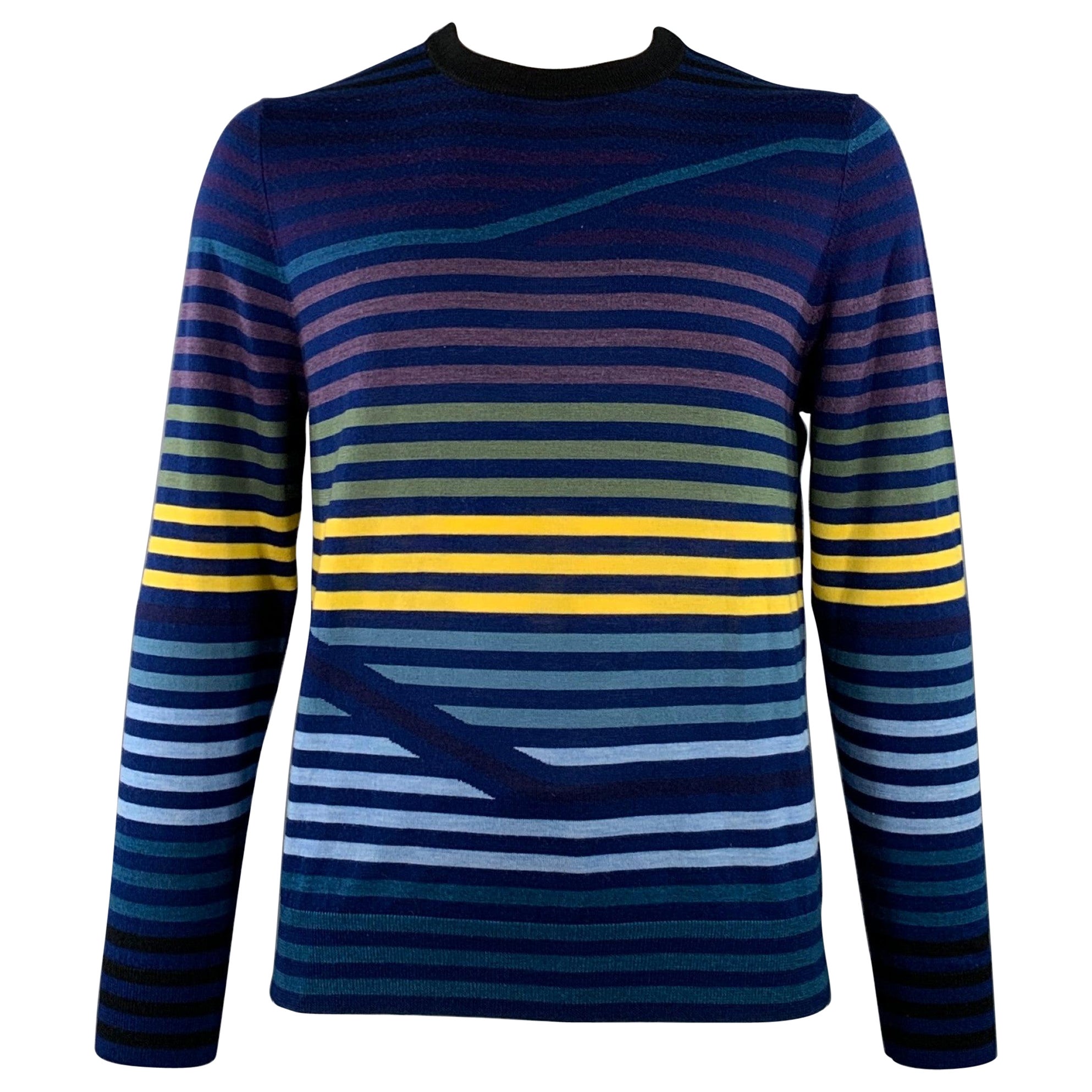 Pull col ras du cou en laine mérinos à rayures multicolores bleu marine PS by PAUL SMITH Taille XL