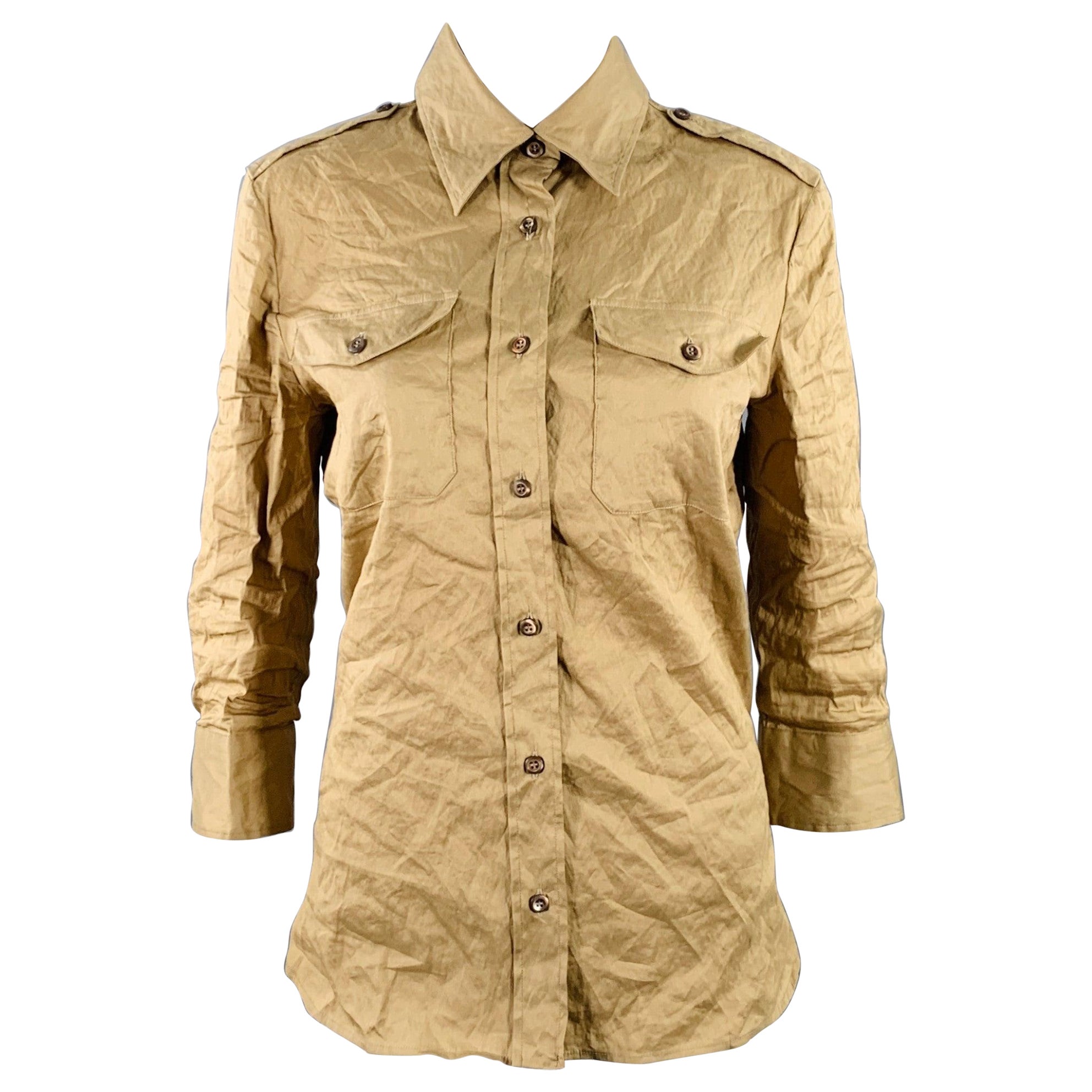 PRADA Size 4 Khaki Cotton Blend Wrinkled 3/4 Sleeves Shirt For Sale