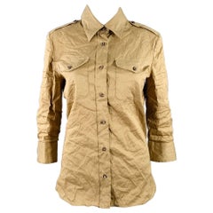 PRADA Size 4 Khaki Cotton Blend Wrinkled 3/4 Sleeves Shirt