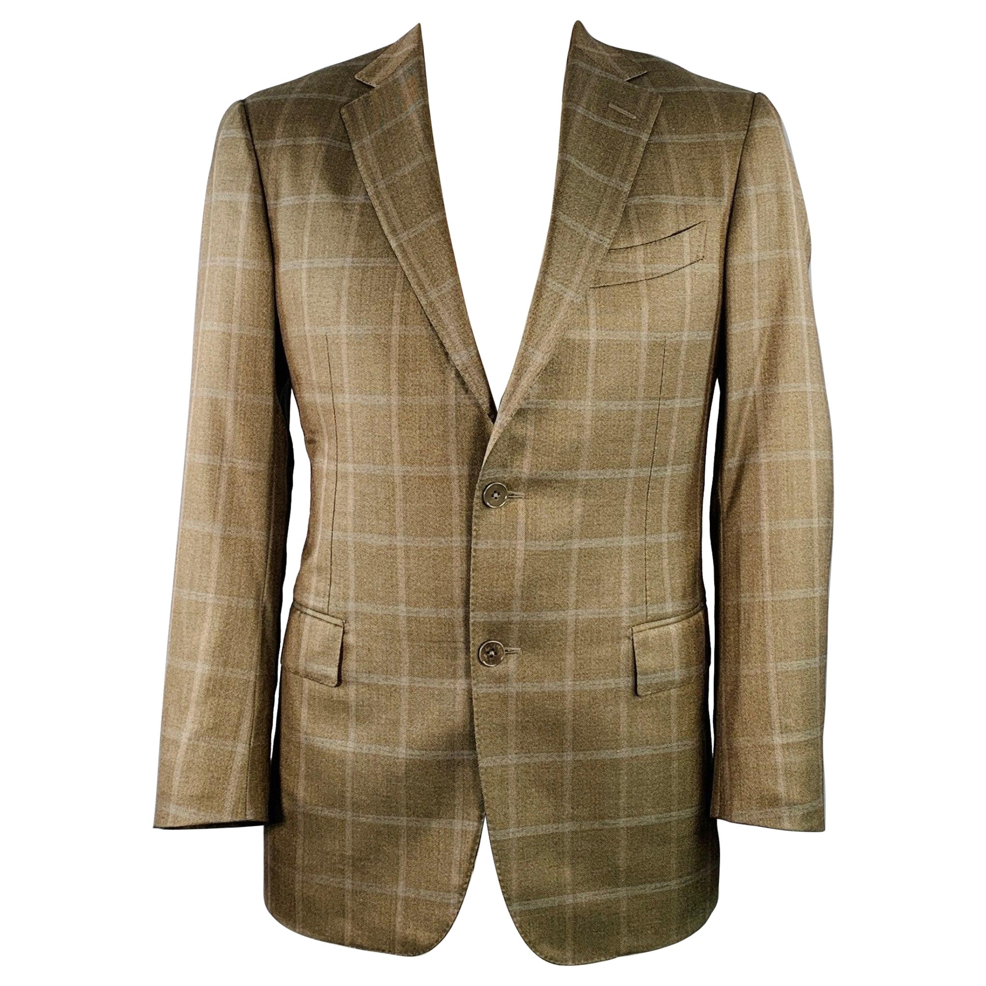 ERMENEGILDO ZEGNA Size 42 Brown Olive Window Pane Silk Wool Notch Lapel Sport Coat
