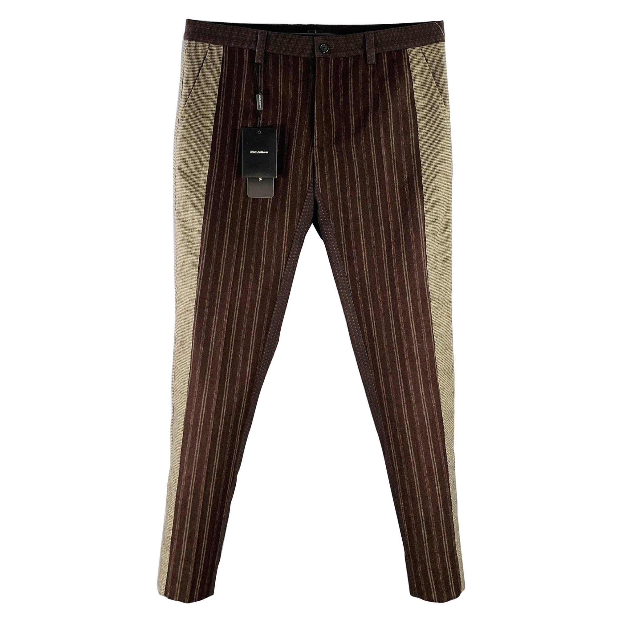 Dolce & Gabbana Size 32 Brown Grey Wool Blend Stripe Houndstooth Zip Fly Dress Pants