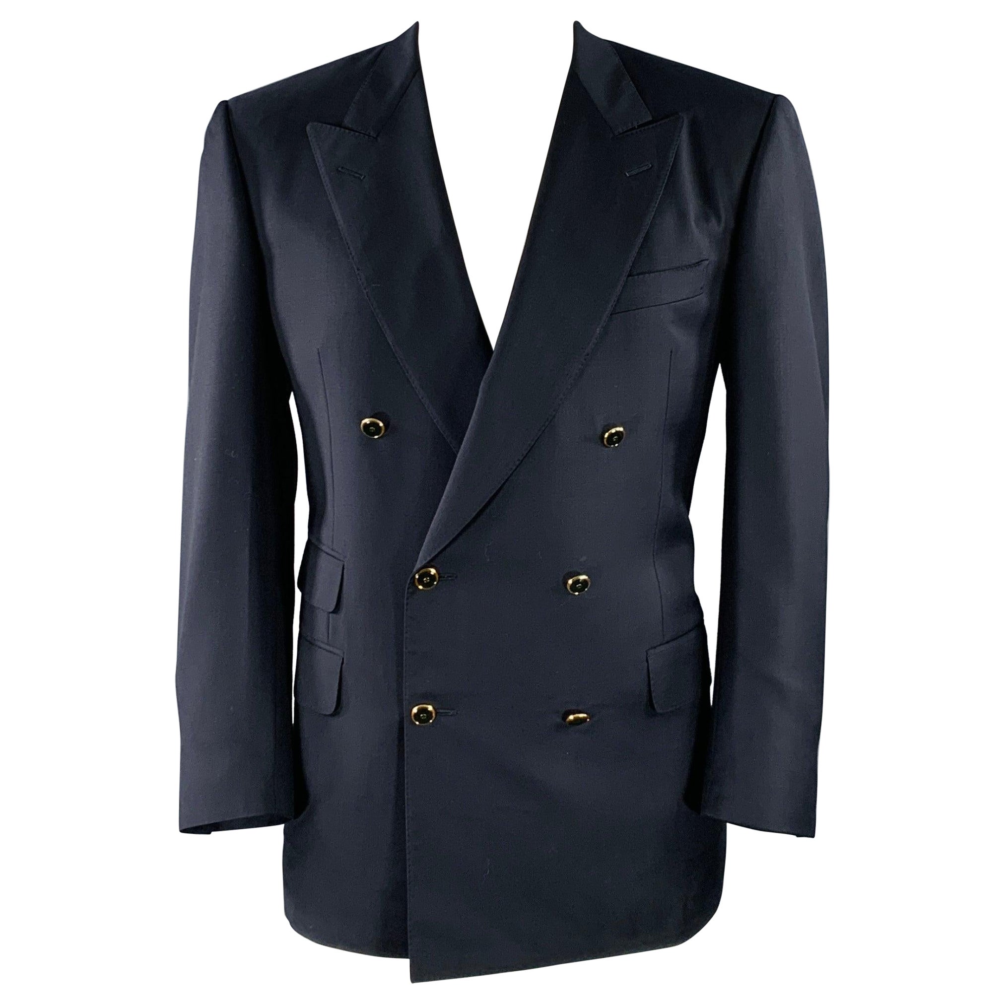 DUNHILL Size 44 Regular Navy Gold Wool Double Breasted Sport Coat For Sale