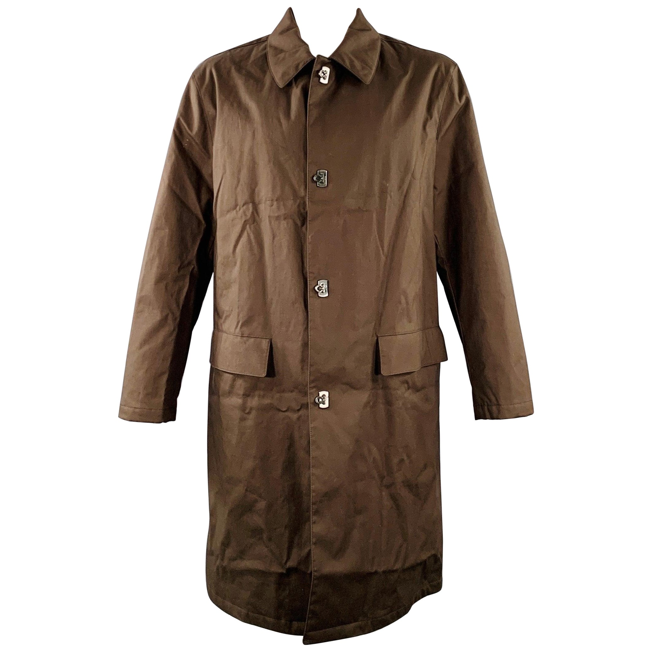 SALVATORE FERRAGAMO Size 44 Brown Cotton Blend Turn Lock Coat For Sale