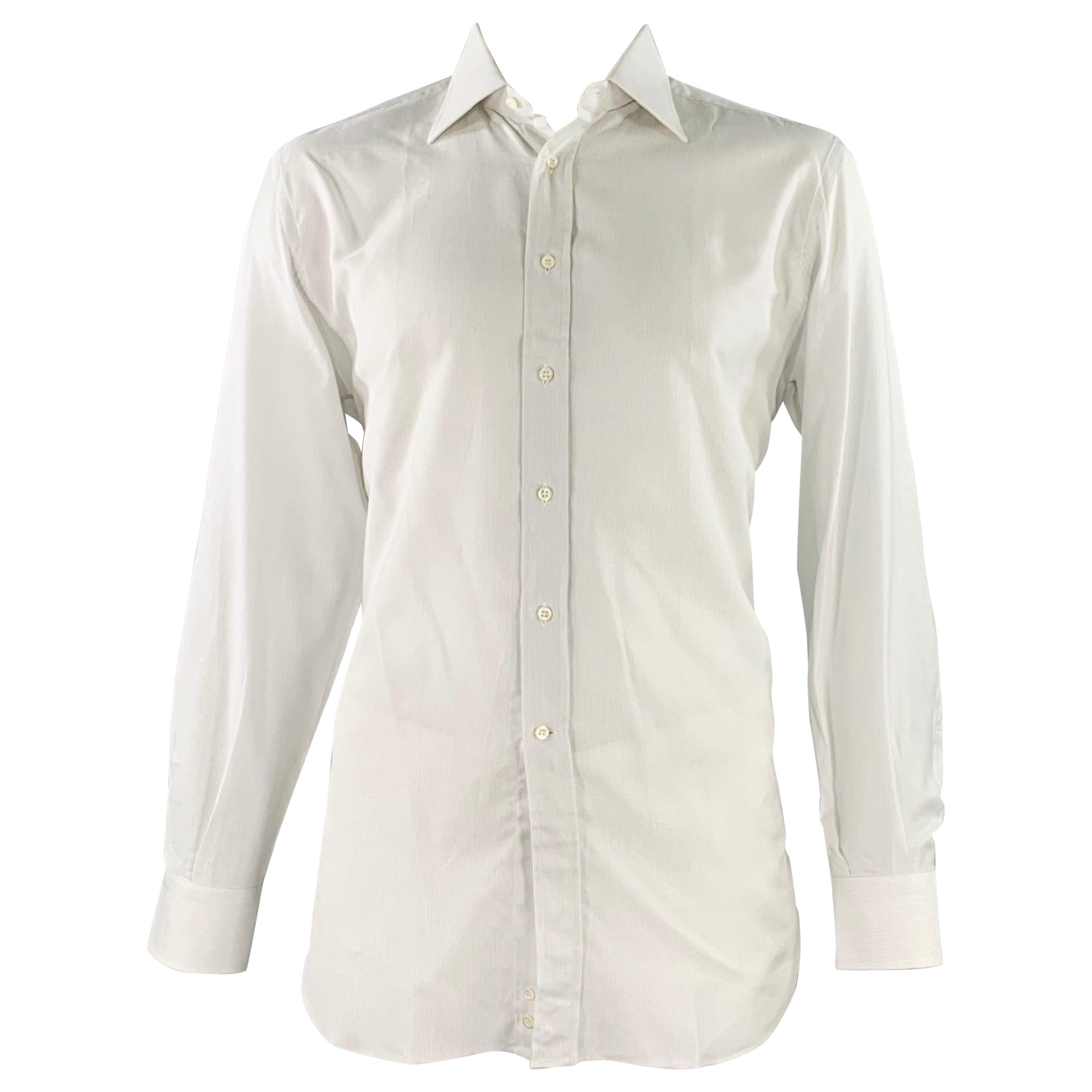 ERMENEGILDO ZEGNA Size L White Woven Cotton Curved Cutaway Long Sleeve Shirt For Sale