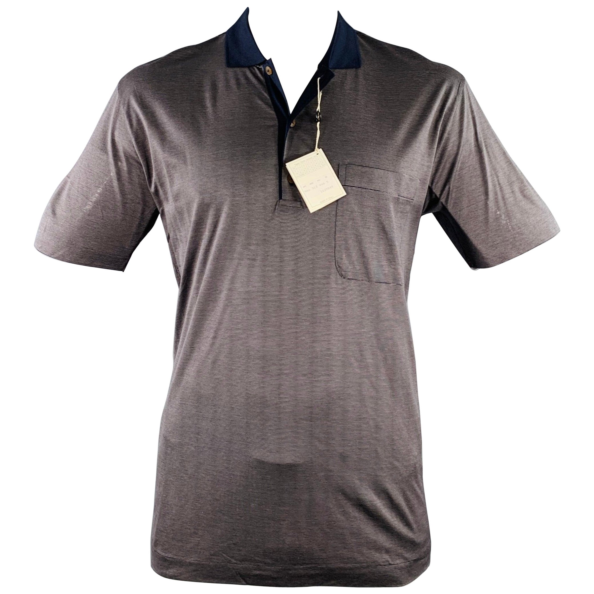 ERMENEGILDO ZEGNA Size 42 Tan Black Stripe Cotton One Pocket Polo For Sale