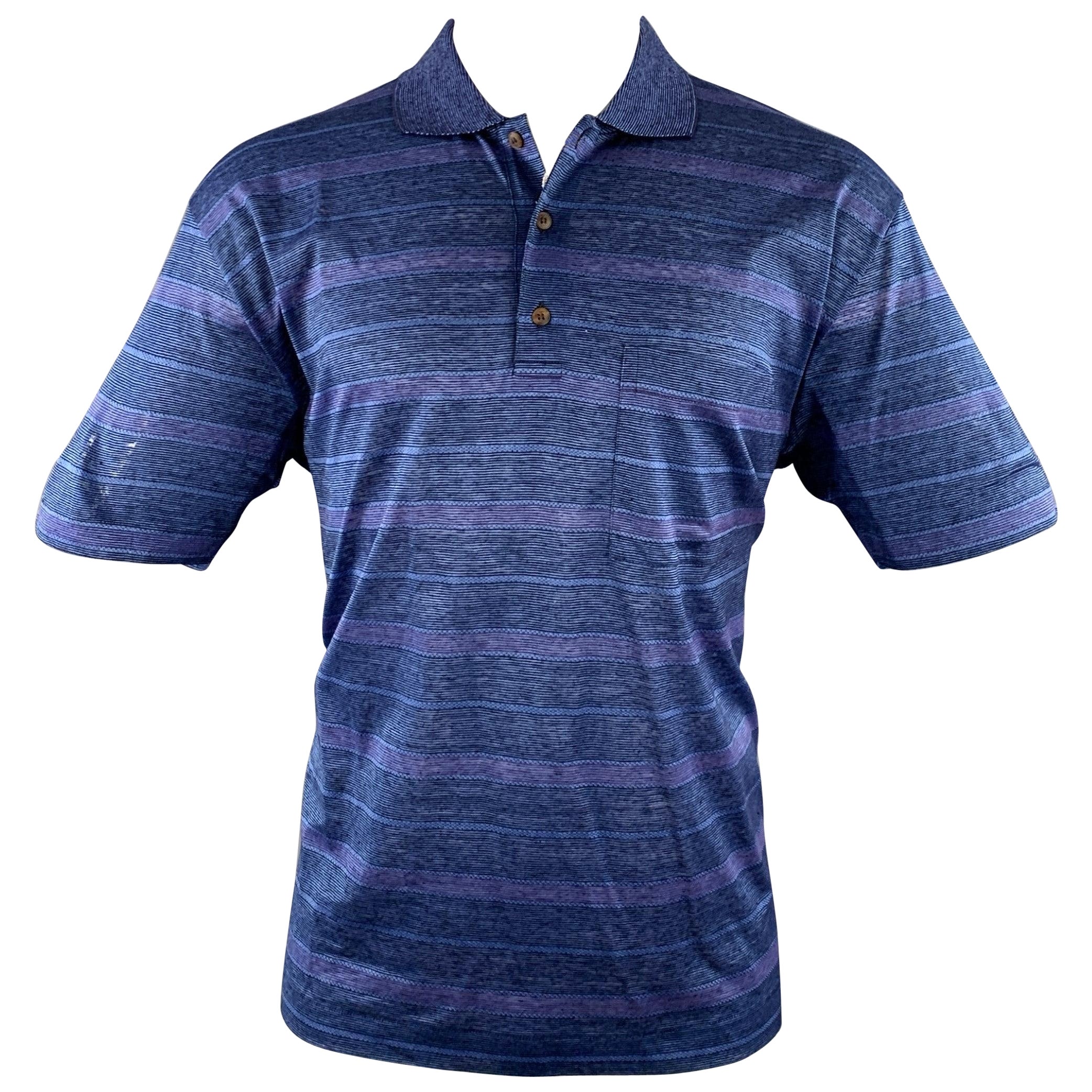 ERMENEGILDO ZEGNA Size 40 Navy Purple Stripe Linen One Pocket Polo For Sale