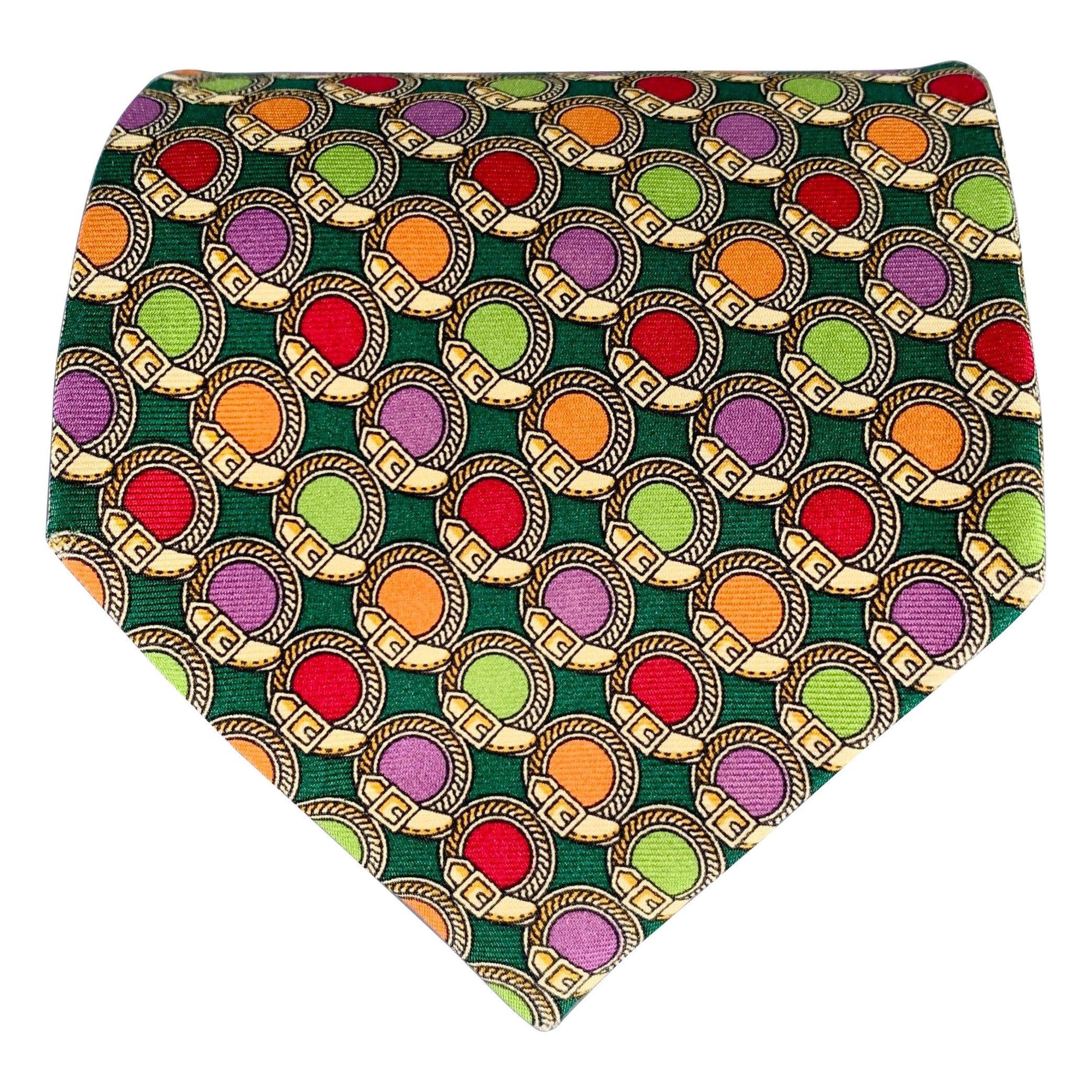 FENDI Green Multi Color Dots Silk Tie For Sale