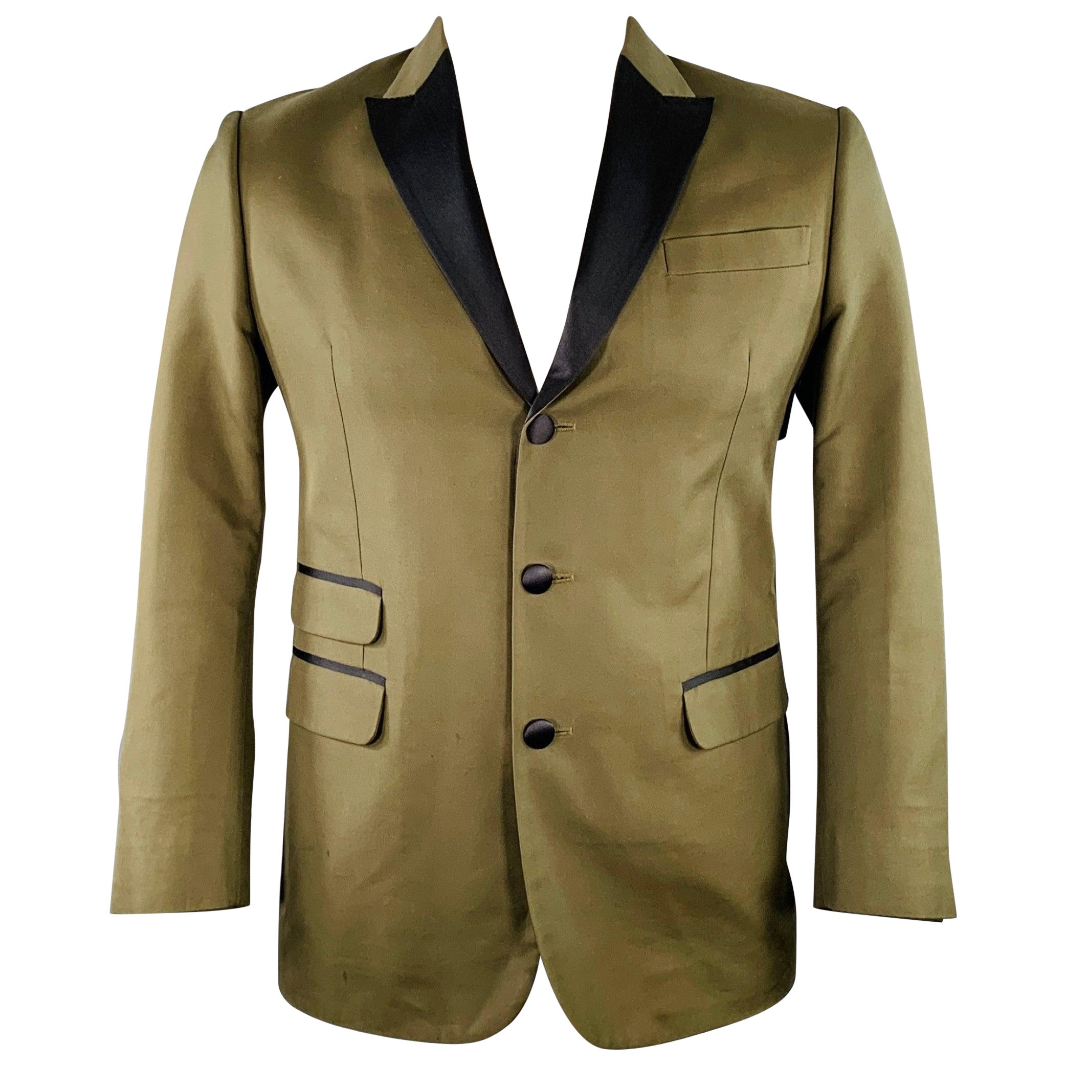 DSQUARED2 Size 42 Olive Green Black Cotton Blend Three Button Peak Lapel Sport Coat