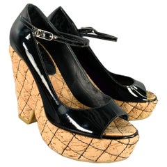 CHANEL Size 6.5 Black Natural Patent Leather Quilted Cork Peep Toe Platform Pumps