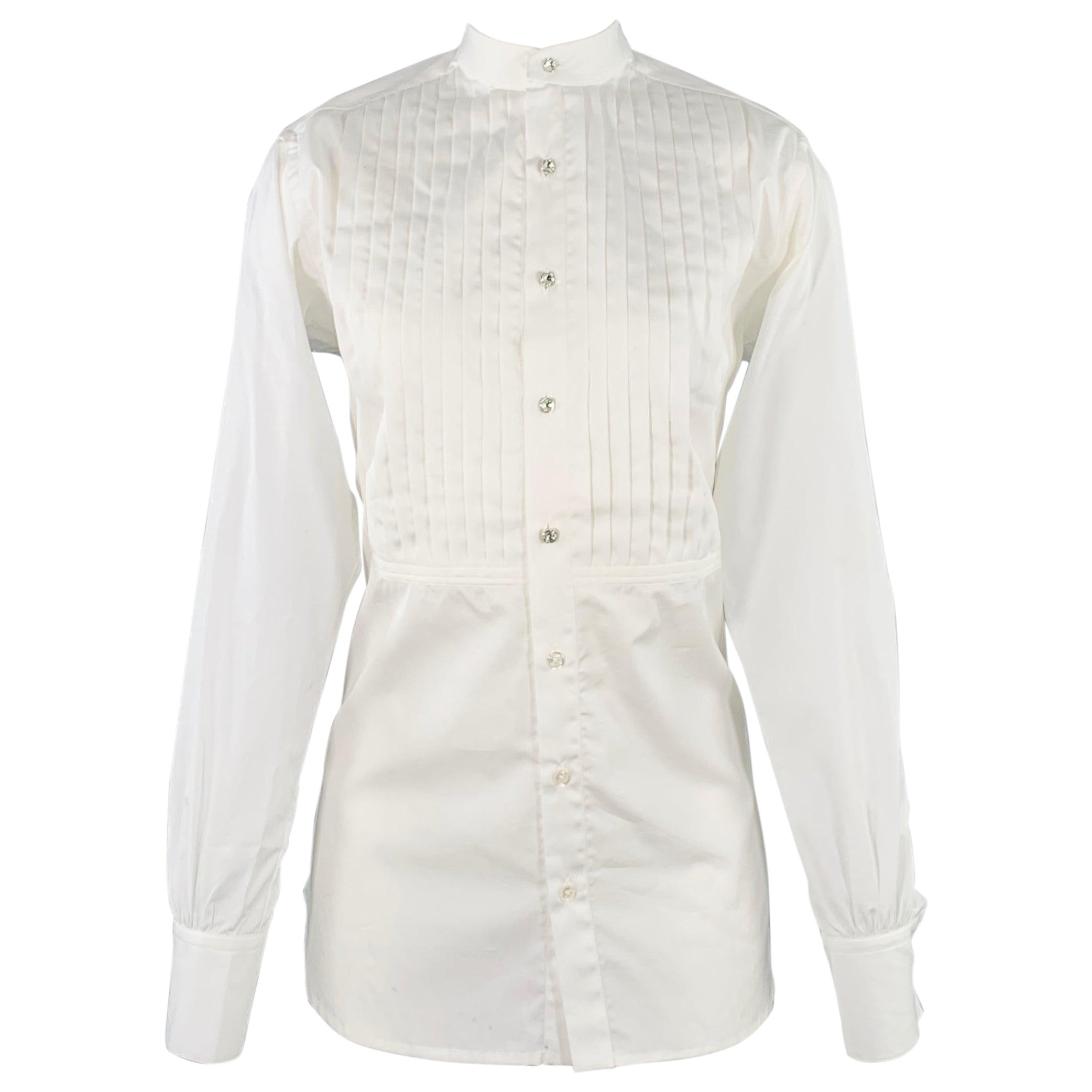 RALPH LAUREN Size 4 White Cotton Pleated Collarless Dress Top For Sale