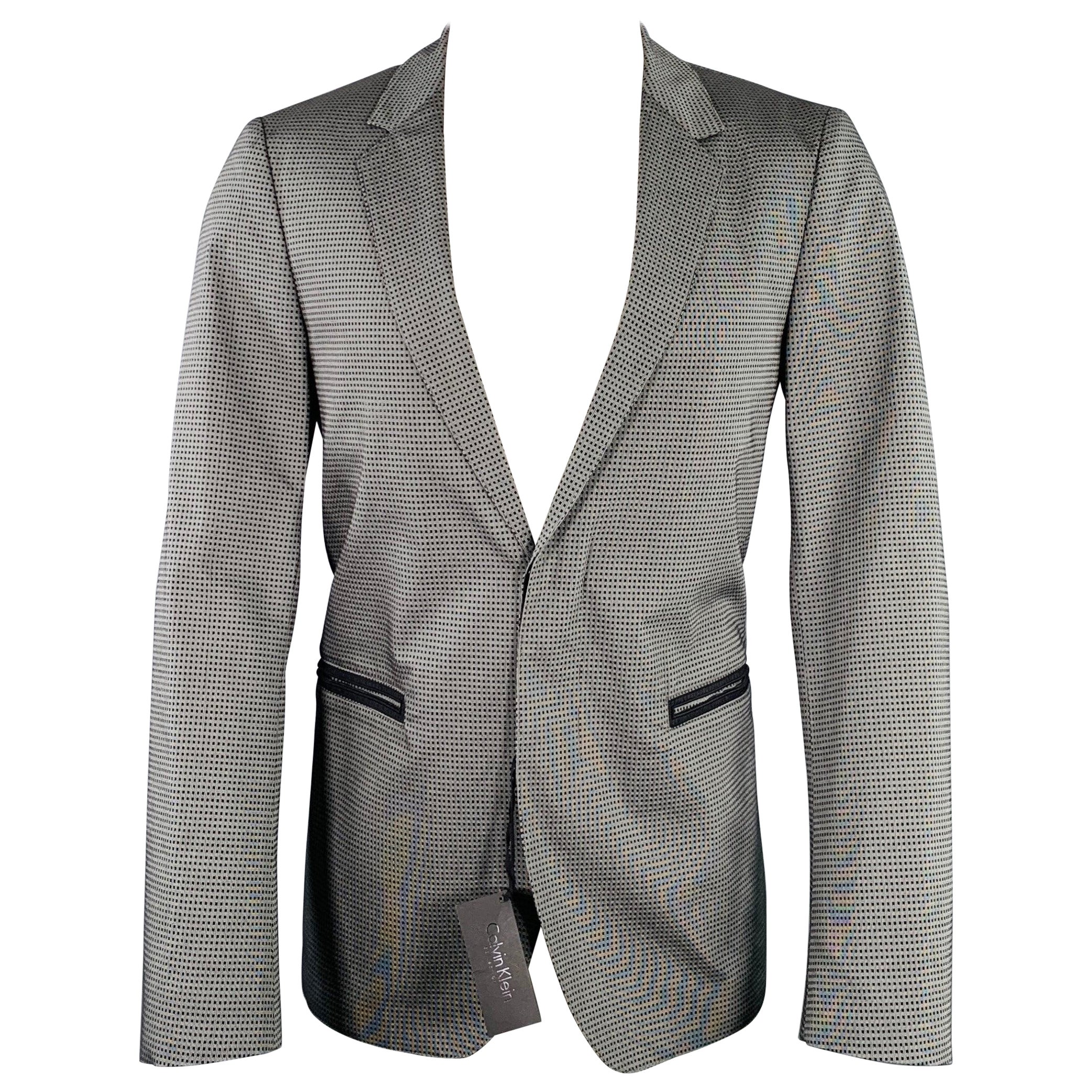 CALVIN KLEIN COLLECTION Size 38 Grey Black Squares Rayon Blend Sport Coat For Sale