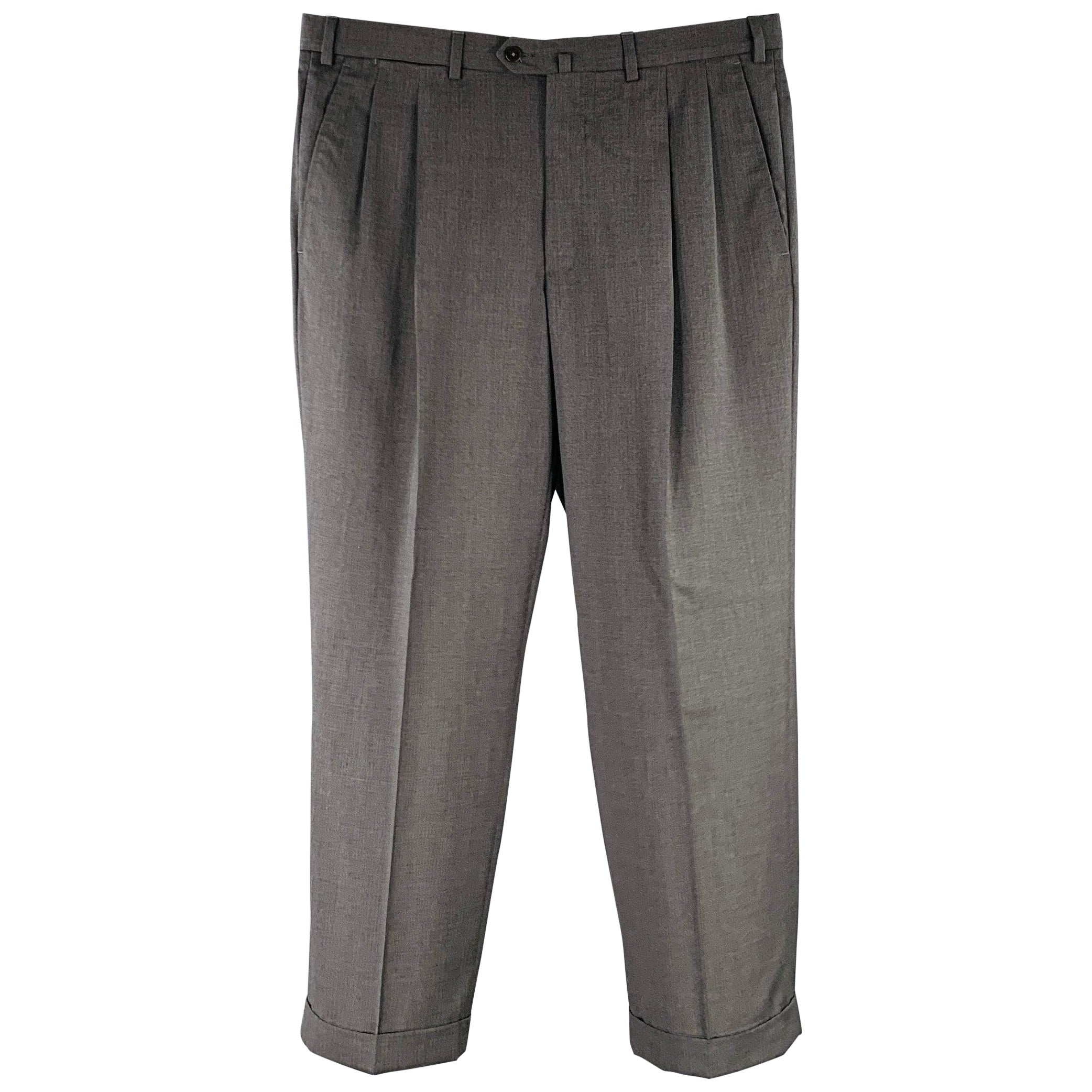 ERMENEGILDO ZEGNA Size 36 Grey Pleated Wool Cuffed Dress Pants For Sale