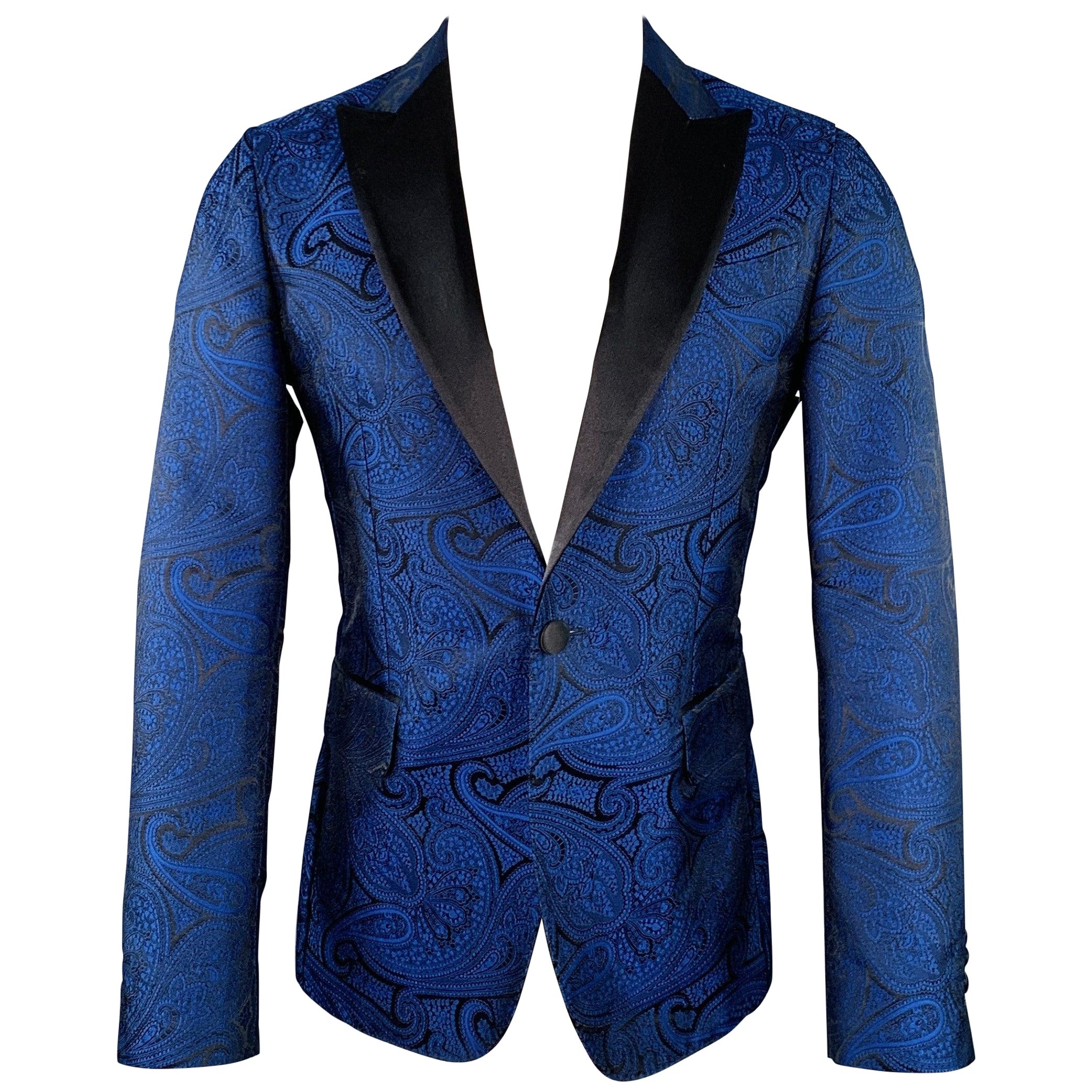 DSQUARED2 Size 40 Blue Black Paisley Polyester Silk Jacquard Tuxedo Sport Coat