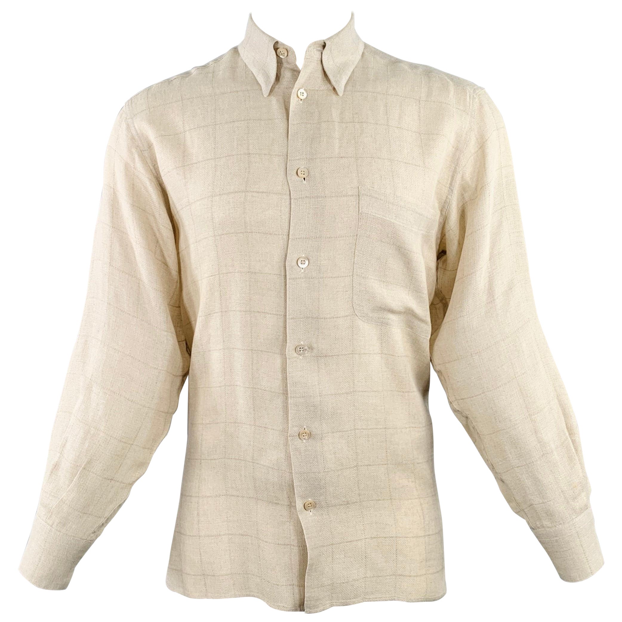 ERMENEGILDO ZEGNA Size S Beige Woven Cotton One Pocket Long Sleeve Shirt For Sale