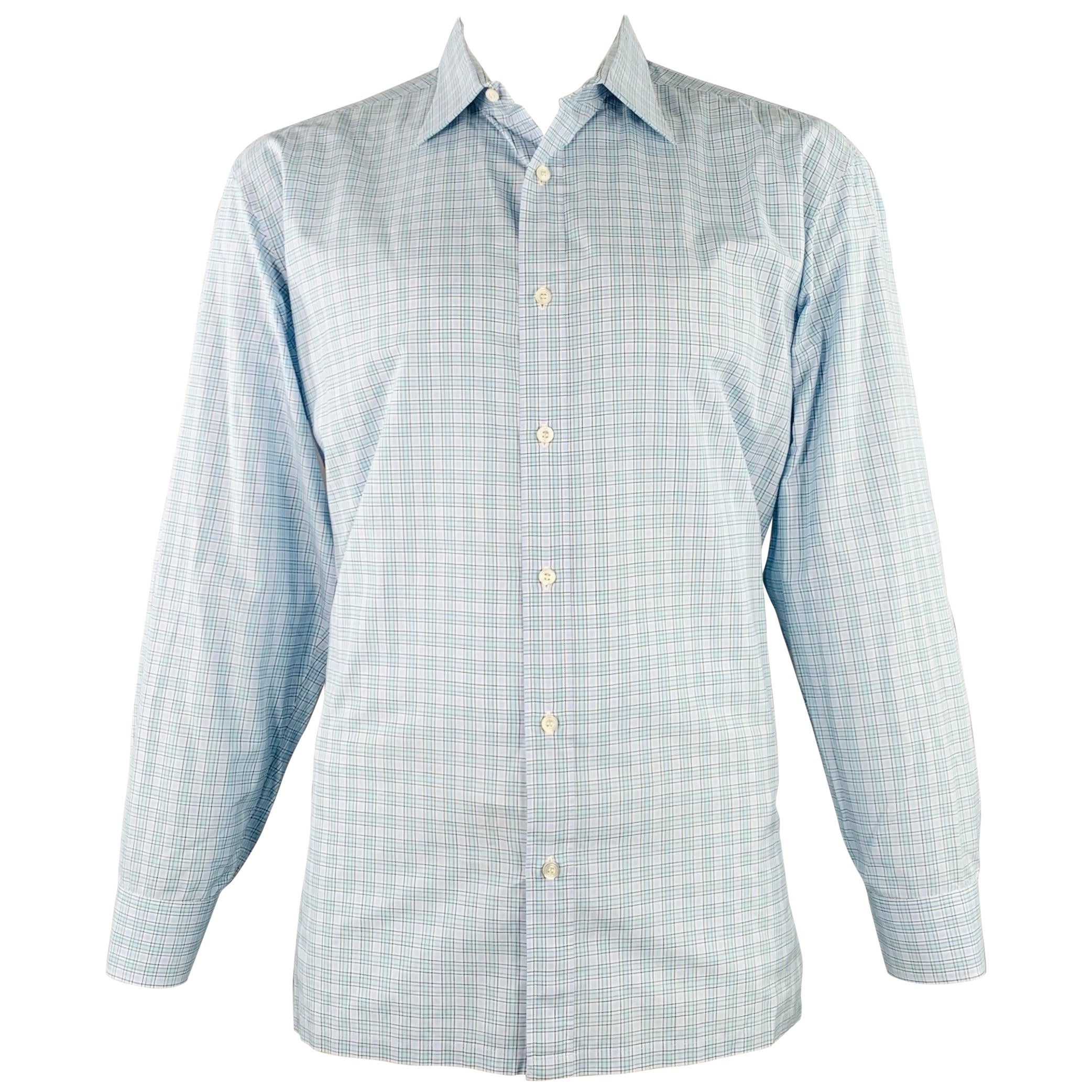 CHARVET Größe L Blau-grün kariertes langärmeliges Hemd aus Baumwolle im Angebot