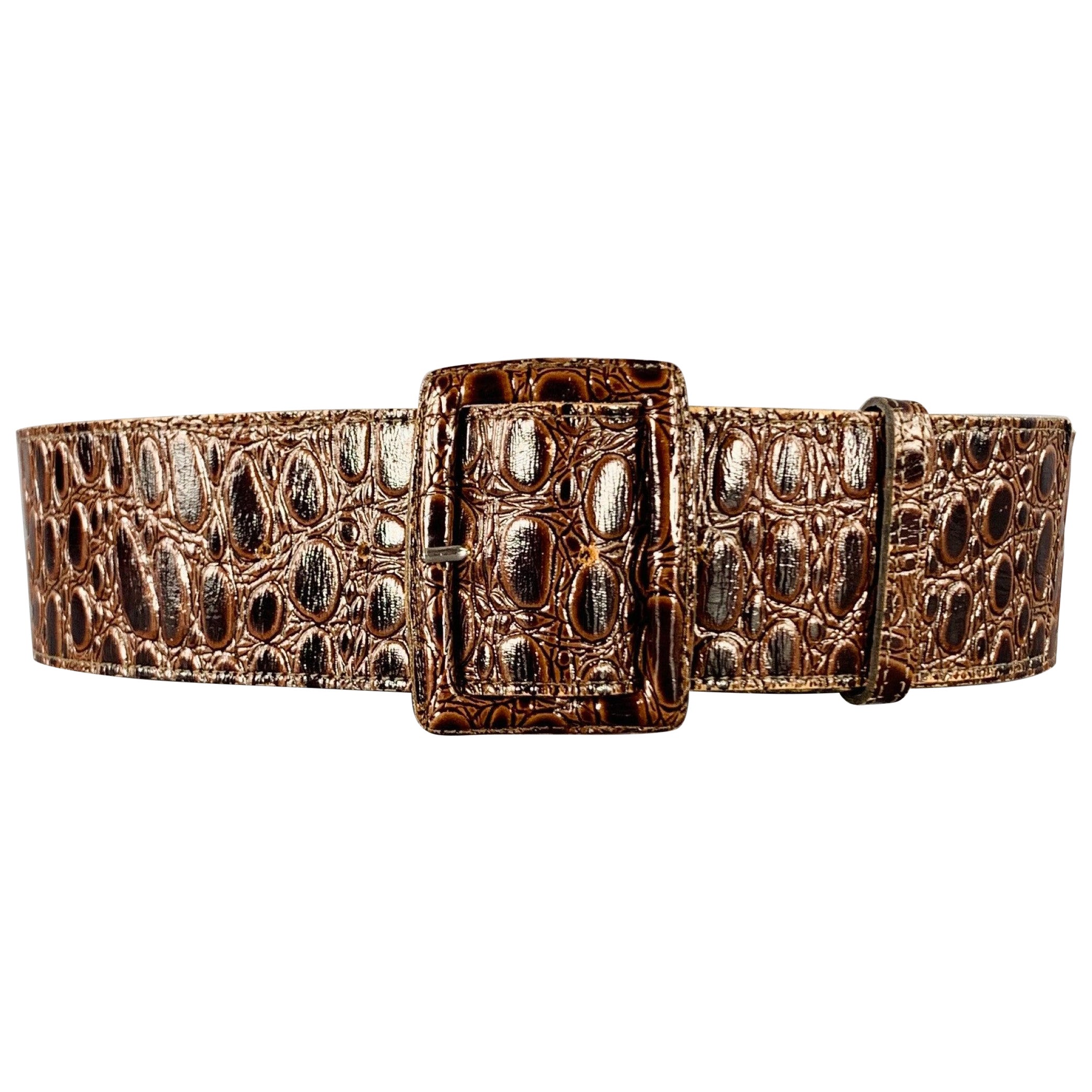 YVES SAINT LAURENT Vintage Talla L Cinturón de piel marrón con relieve de cocodrilo