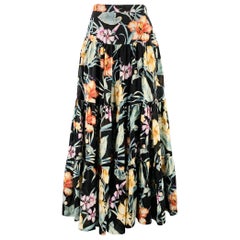 RALPH LAUREN Size 8 Black Sutton Multi Color Viscose Linen Floral Tiered Maxi Skirt