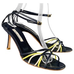 OSCAR DE LA RENTA Size 7 Navy Yellow Leather Strappy Sandals