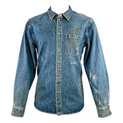 HELMUT LANG Size M Indigo Painter Blue Paint Splatter Cotton Denim One Pocket Long Sleeve Shirt