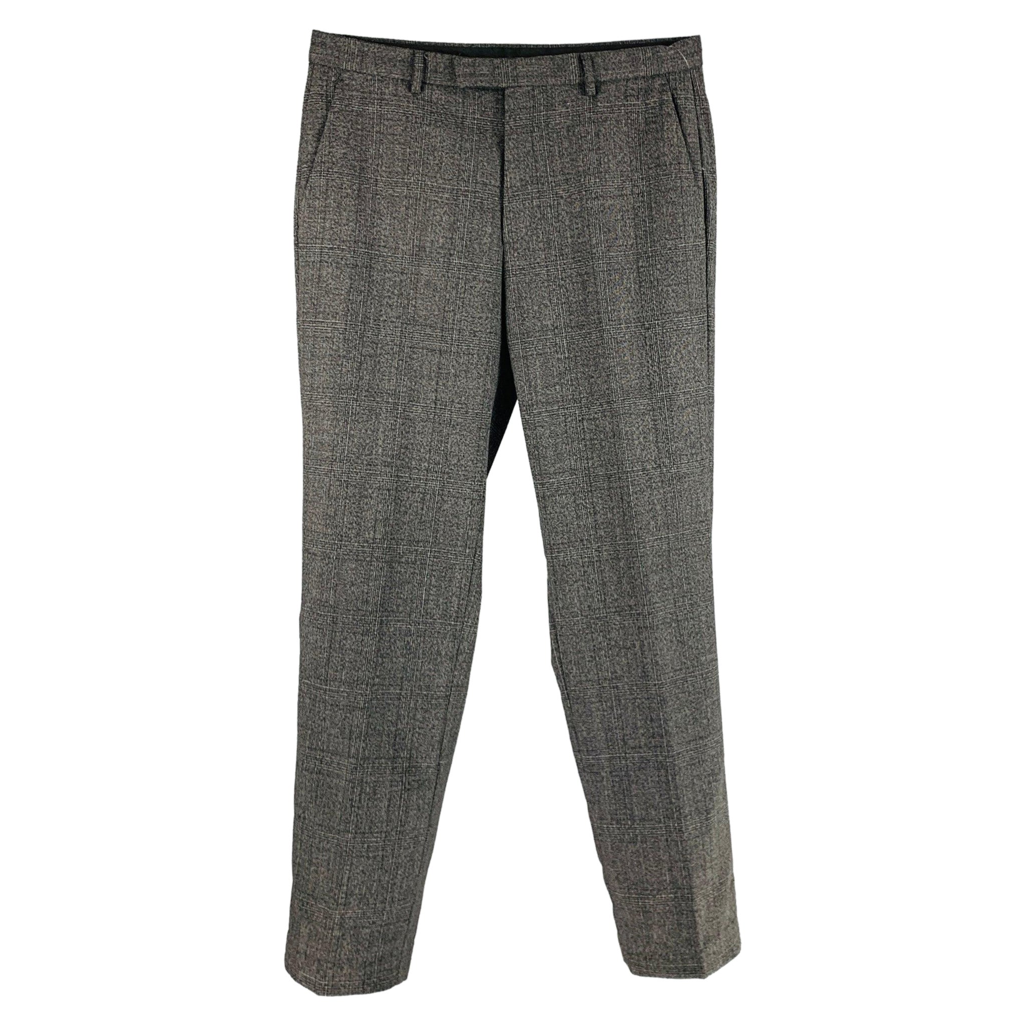 CALVIN KLEIN Size 32 Black Glenplaid Wool Blend Flat Front Dress Pants For Sale