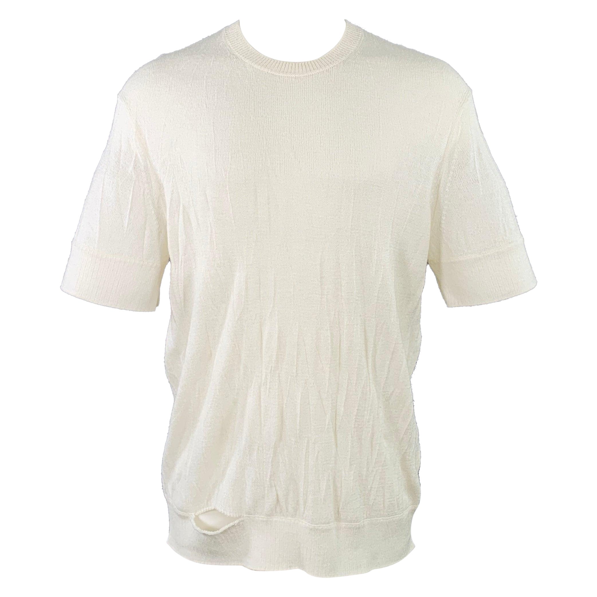 HELMUT LANG Size S Cream Ivory Knit Merino Wool Blend Crushed Short Sleeve T-shirt For Sale