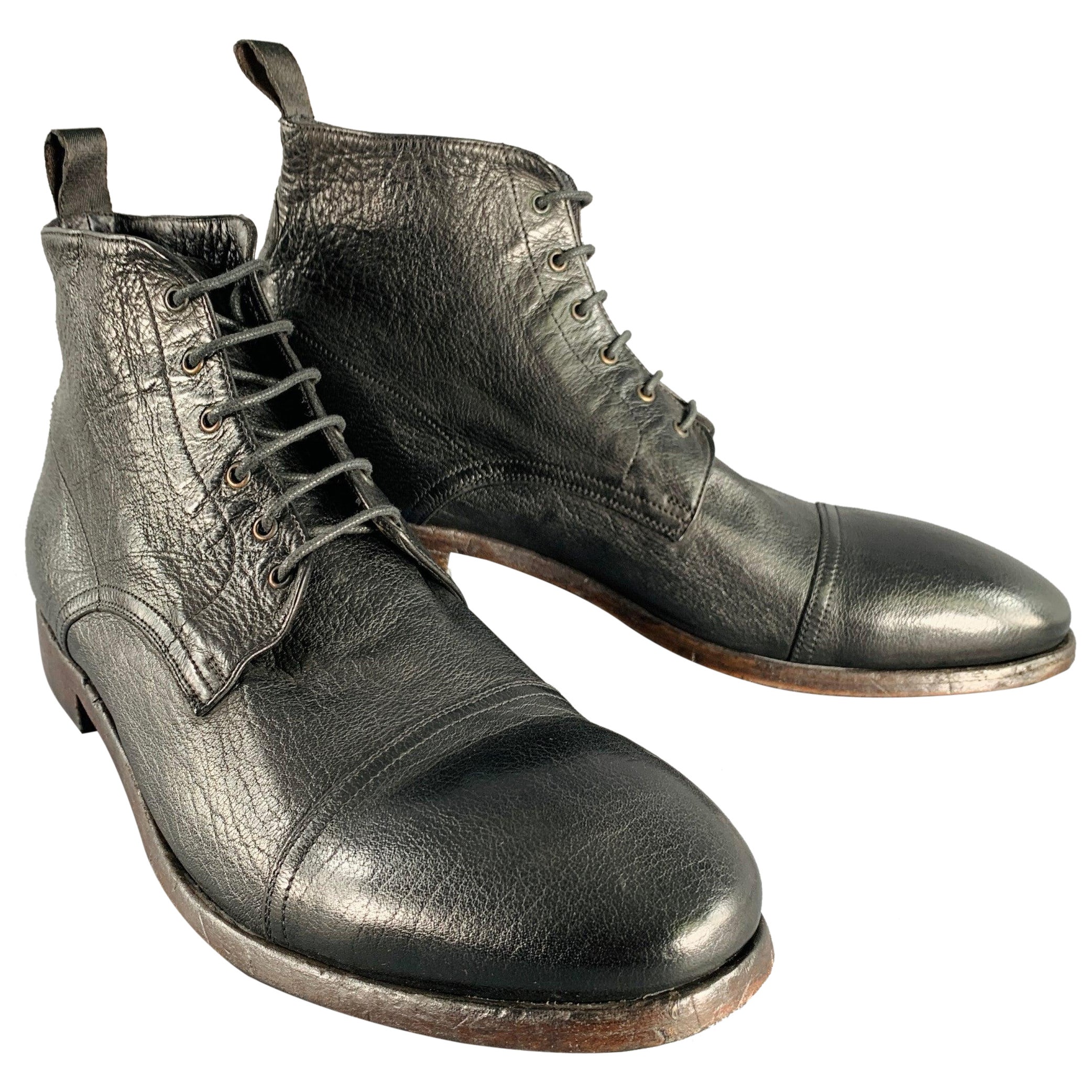 PAUL SMITH Size 12 Black Leather Lace-Up Ankle Boots For Sale