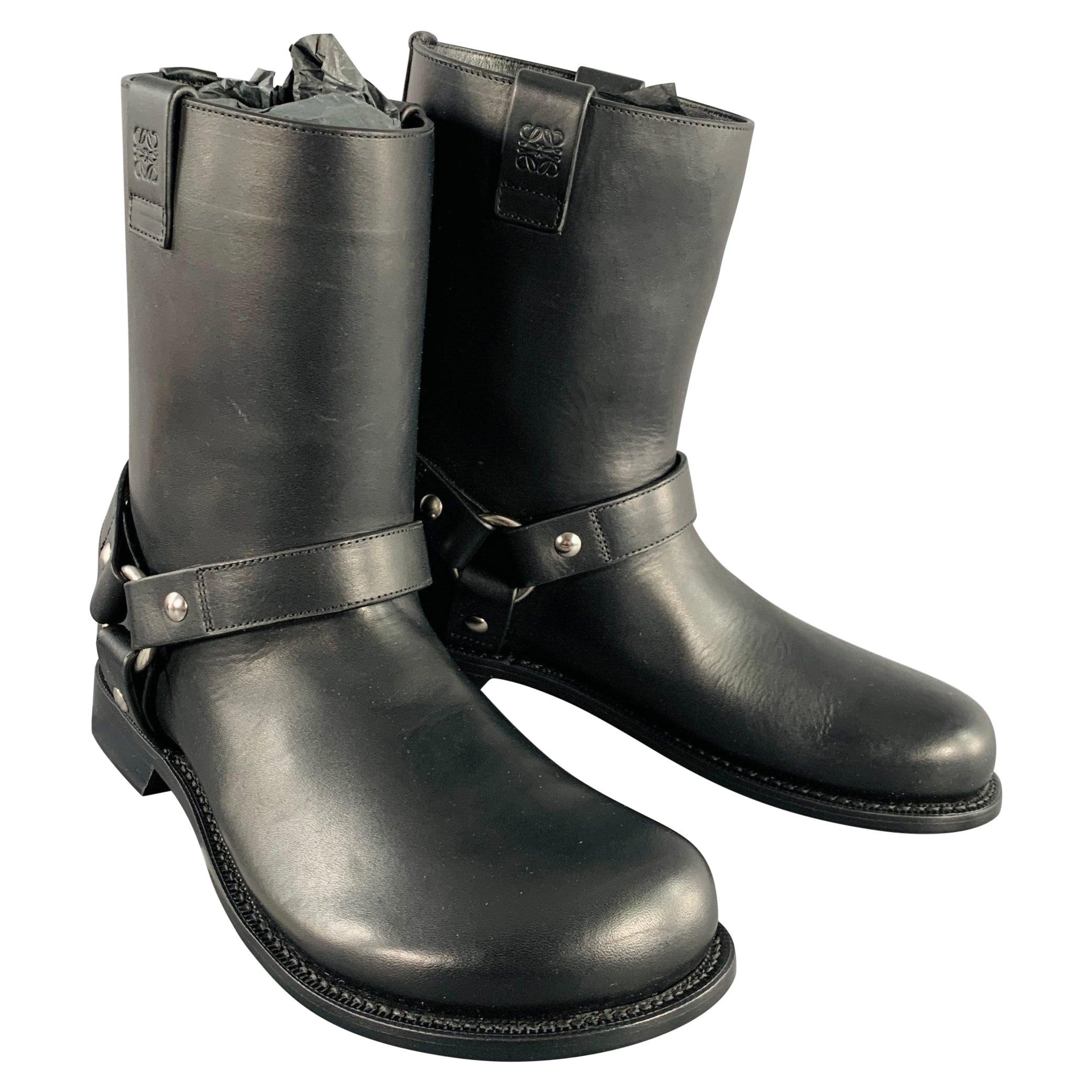 LOEWE Size 9 Campo Black Silver Harness Leather Pull On Boots For Sale