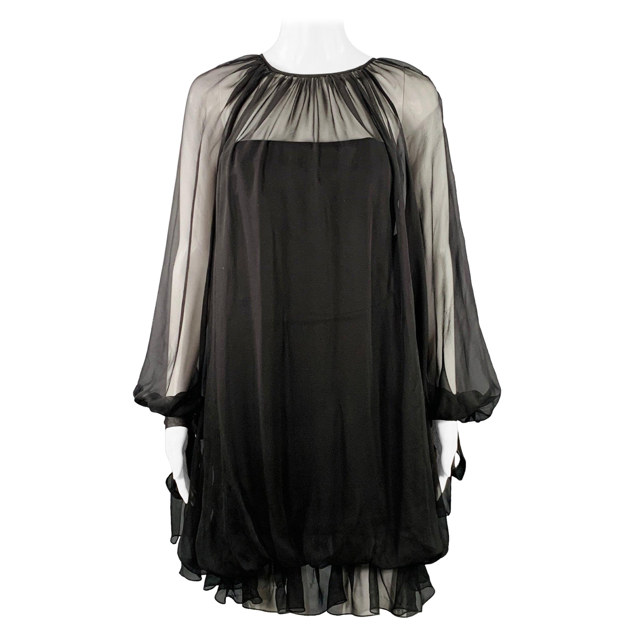 ALBERTA FERRETTI Size 4 Black Silk Ruffled Bishop Sleeve Mini Dress For Sale