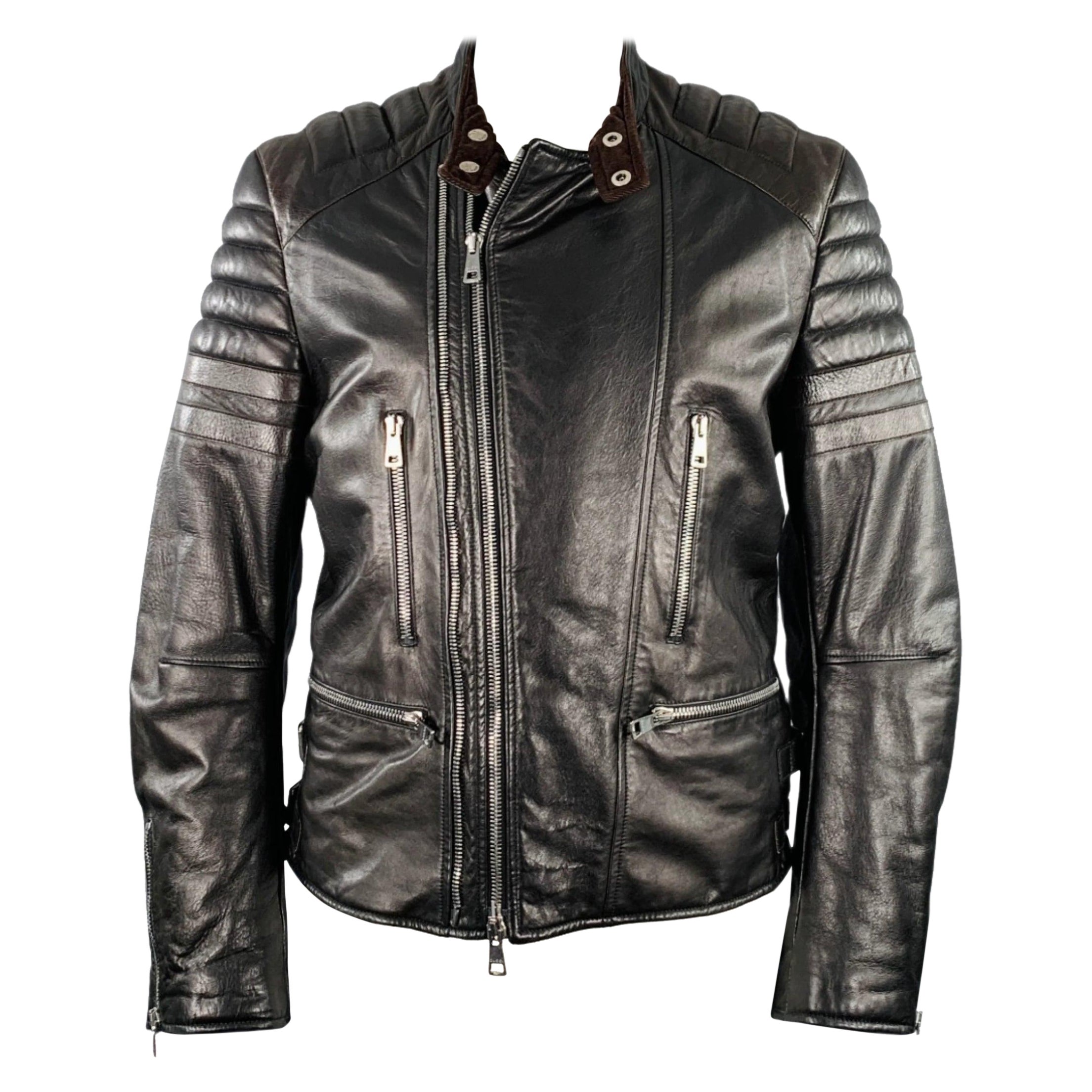 GUCCI Size 44 Black Brown Quilted Leather Motorcycle Jacket For Sale