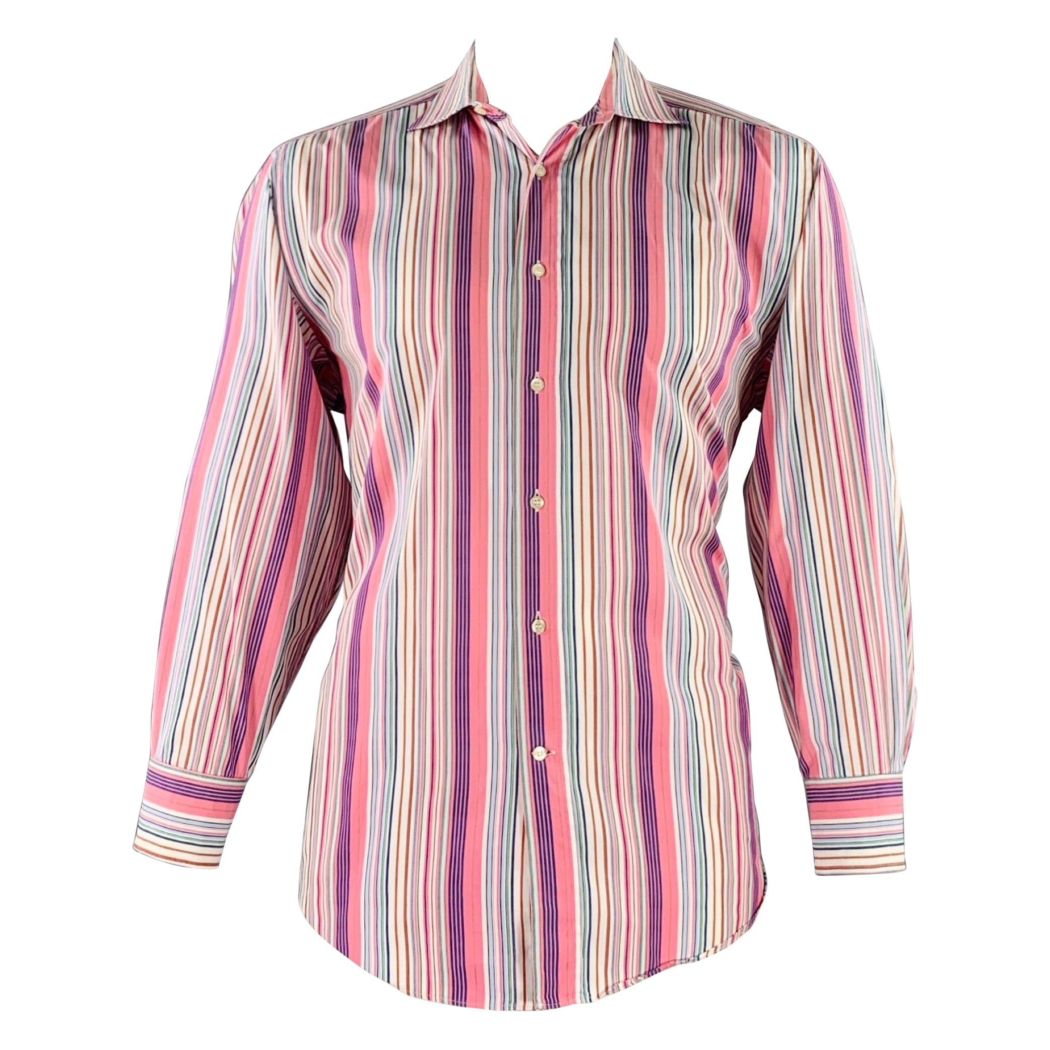 ETRO Size 42 Pink Multi Color Stripe Cotton Spread Collar Long Sleeve Shirt For Sale