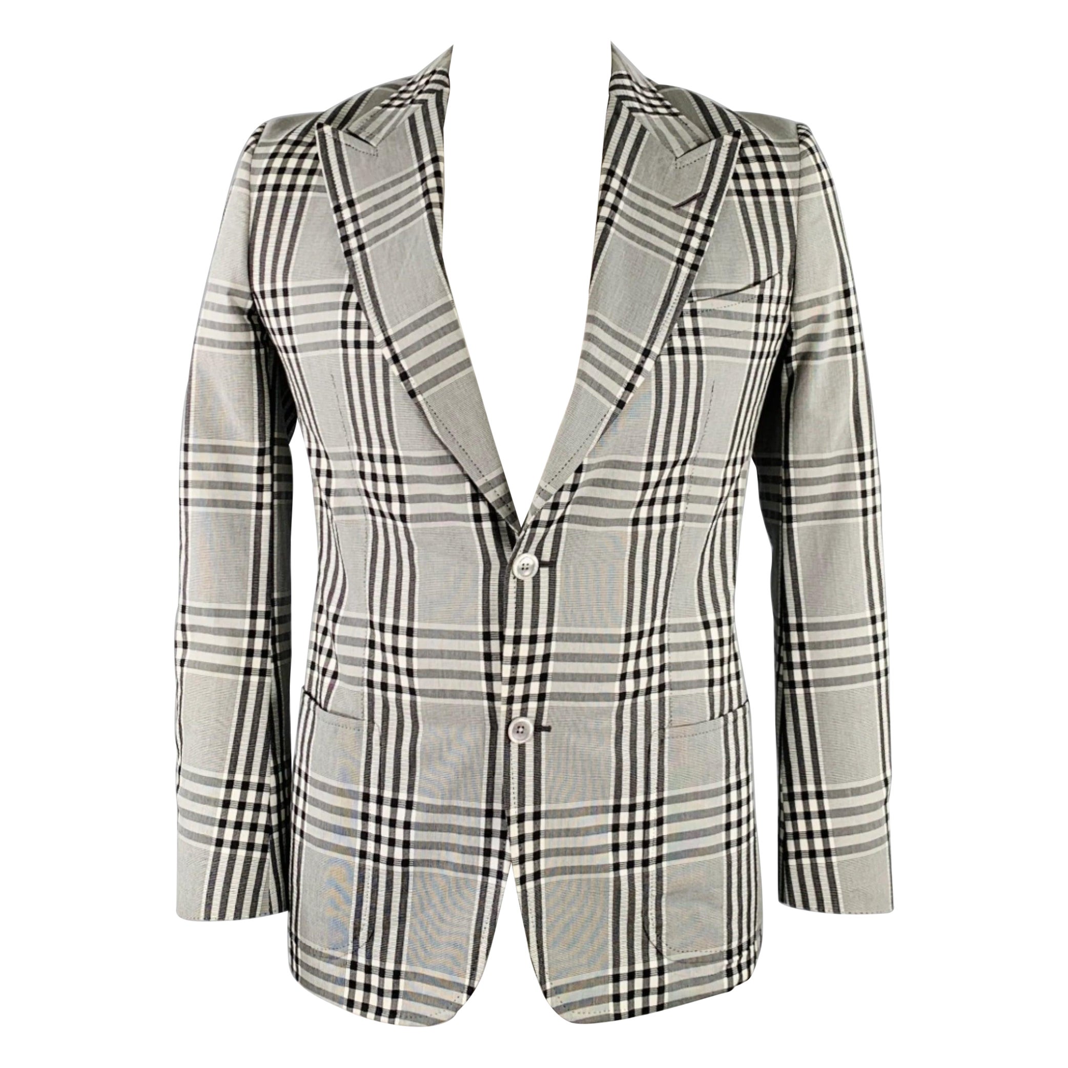 TOM FORD Size 40 Grey Black Plaid Cotton Peak Lapel Sport Coat For Sale