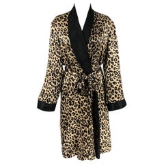 PAUL STUART Size M Black Beige Satin Animal Print Belted Bathrobe (peignoir à ceinture)