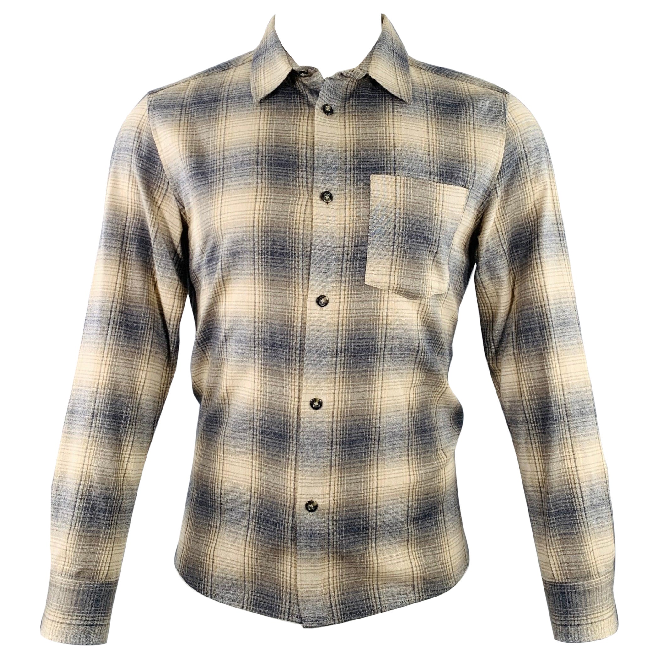 A.P.C. Size S Beige Blue Grey Plaid Cotton One Pocket Long Sleeve Shirt For Sale