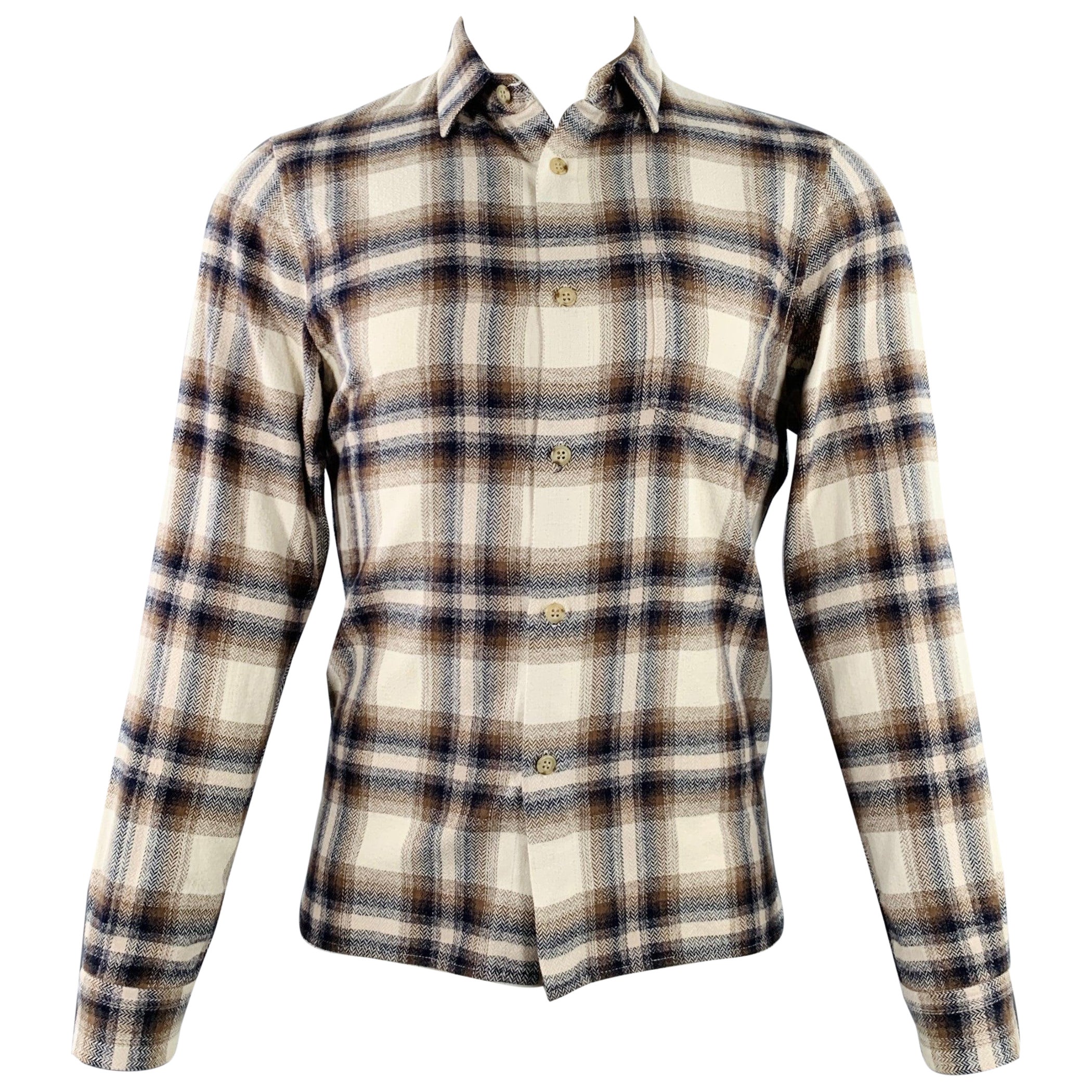 JOHN ELLIOTT Size S Beige Blue Brown Plaid Cotton One Pocket Long Sleeve Shirt For Sale