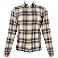 JOHN ELLIOTT Size S Beige Blue Brown Plaid Cotton One Pocket Long Sleeve Shirt