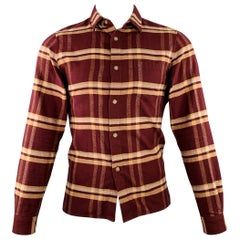JOHN ELLIOTT Size S Burgundy Yellow Plaid Cotton One Pocket Long Sleeve Shirt